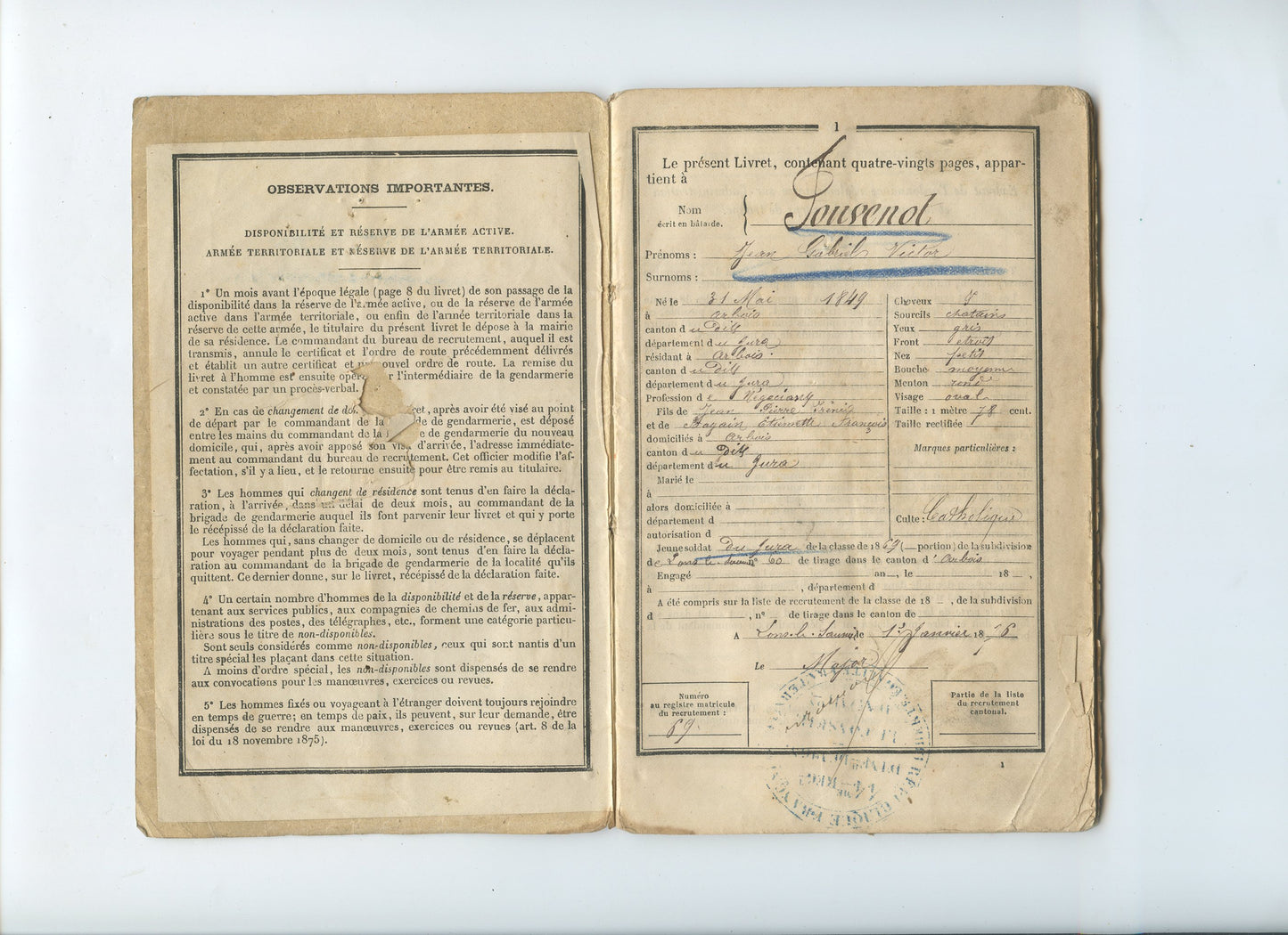 livret militaire d'un artilleur du Jura 44°RA classe 1869 campagne de 1870-71