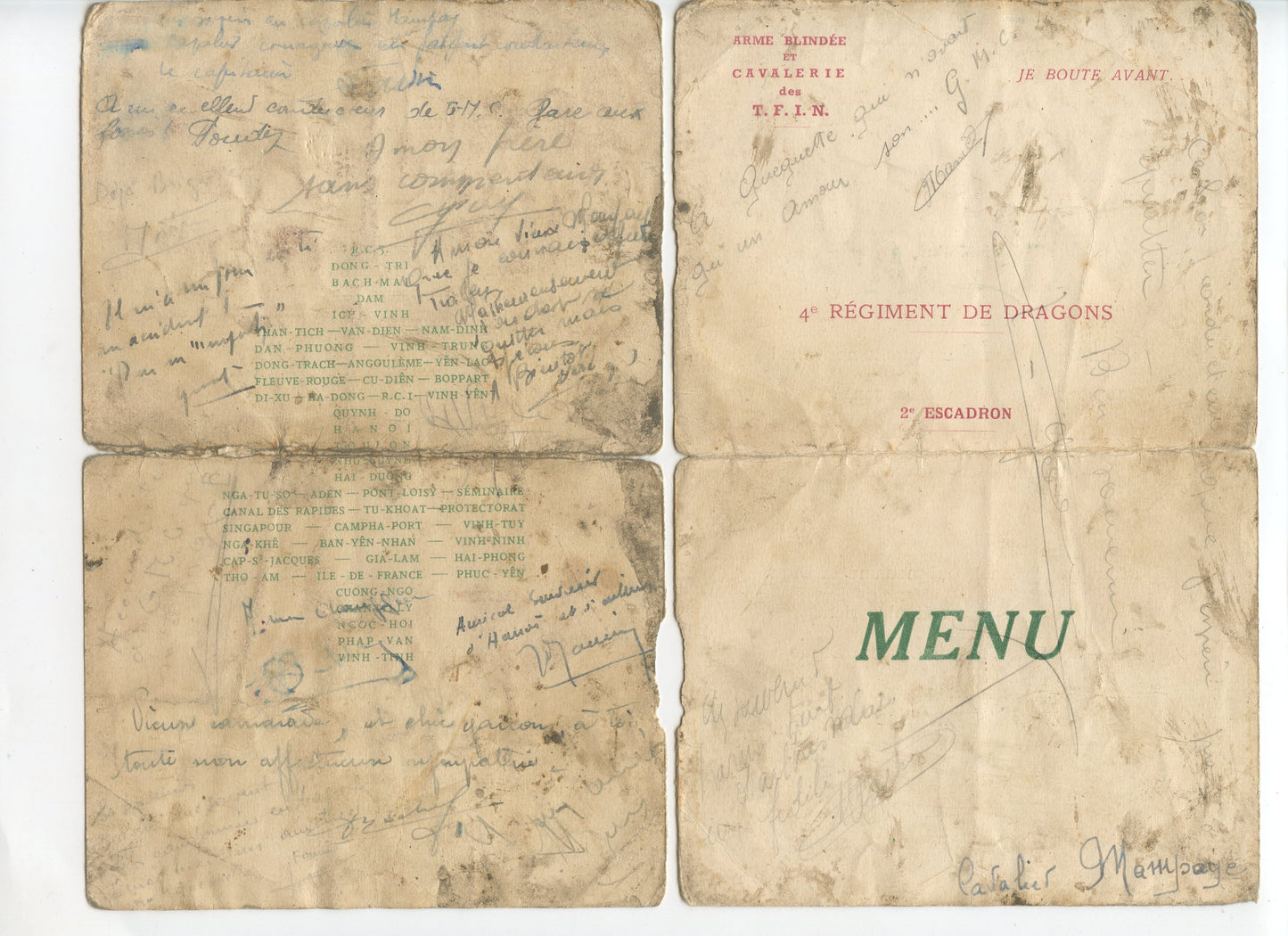 menu du 4° régiment de dragons en Indochine, Cavalerie, avec dédicaces