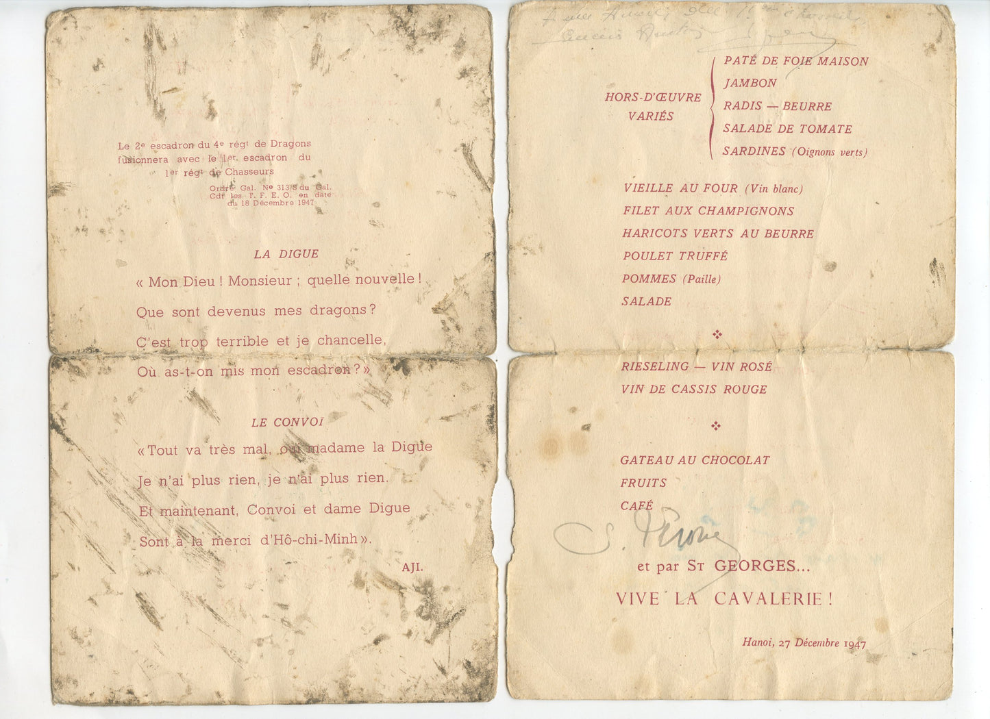 menu du 4° régiment de dragons en Indochine, Cavalerie, avec dédicaces