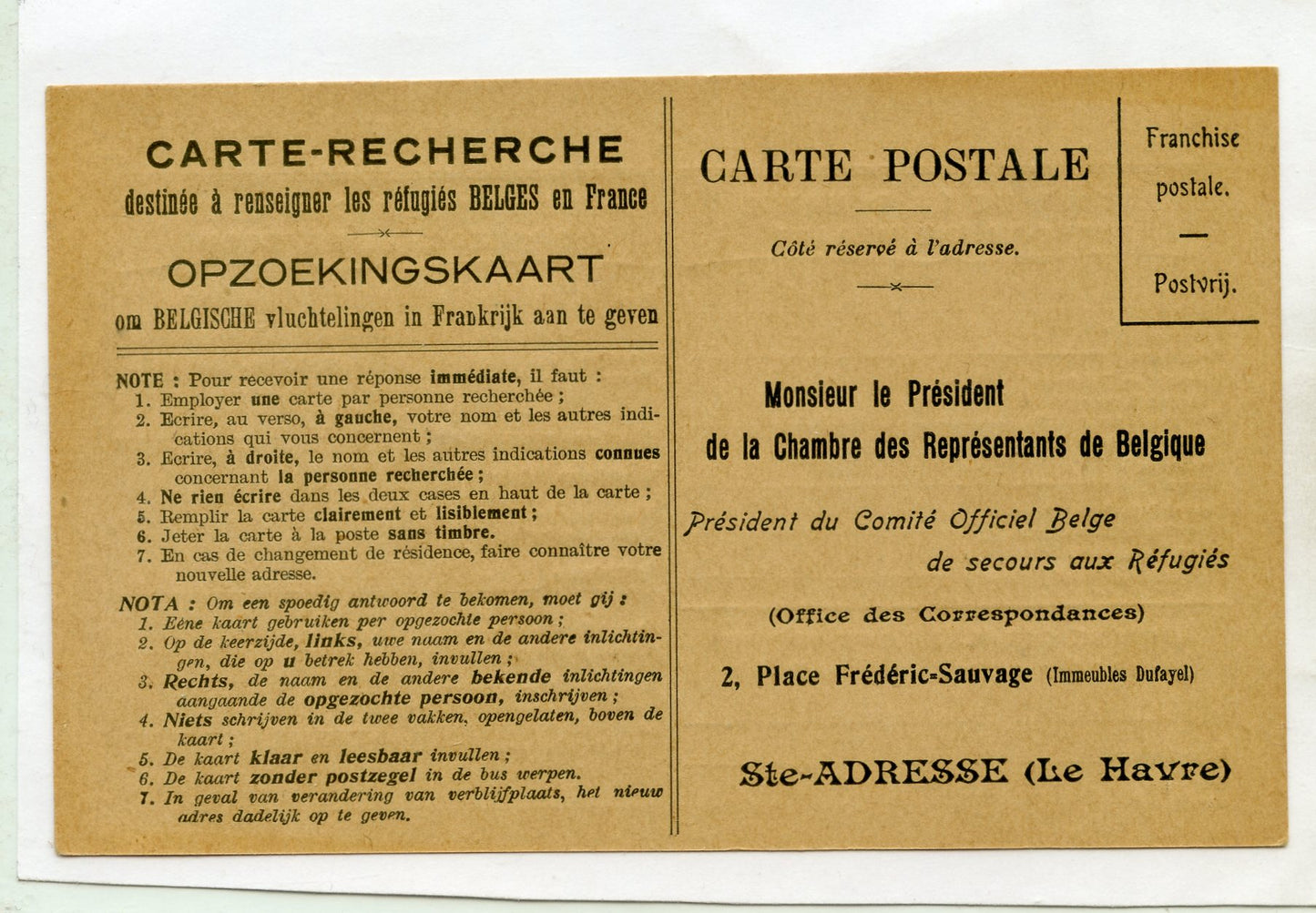 carte de demande de recherche de personnes belge 1914-1918, vierge
