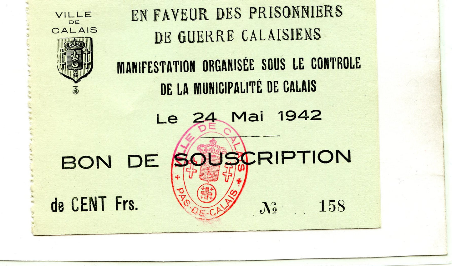 carte de souscription en faveur des prisonniers de Calais 1940-45