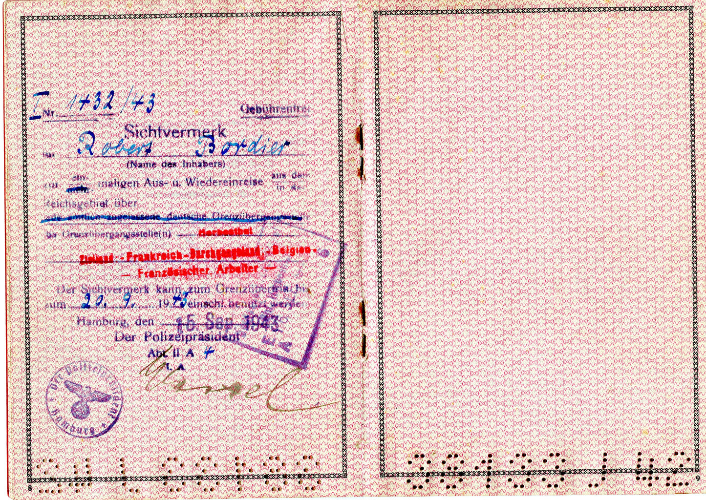livret de travail III°Reich pour un ouvrier Français 1944