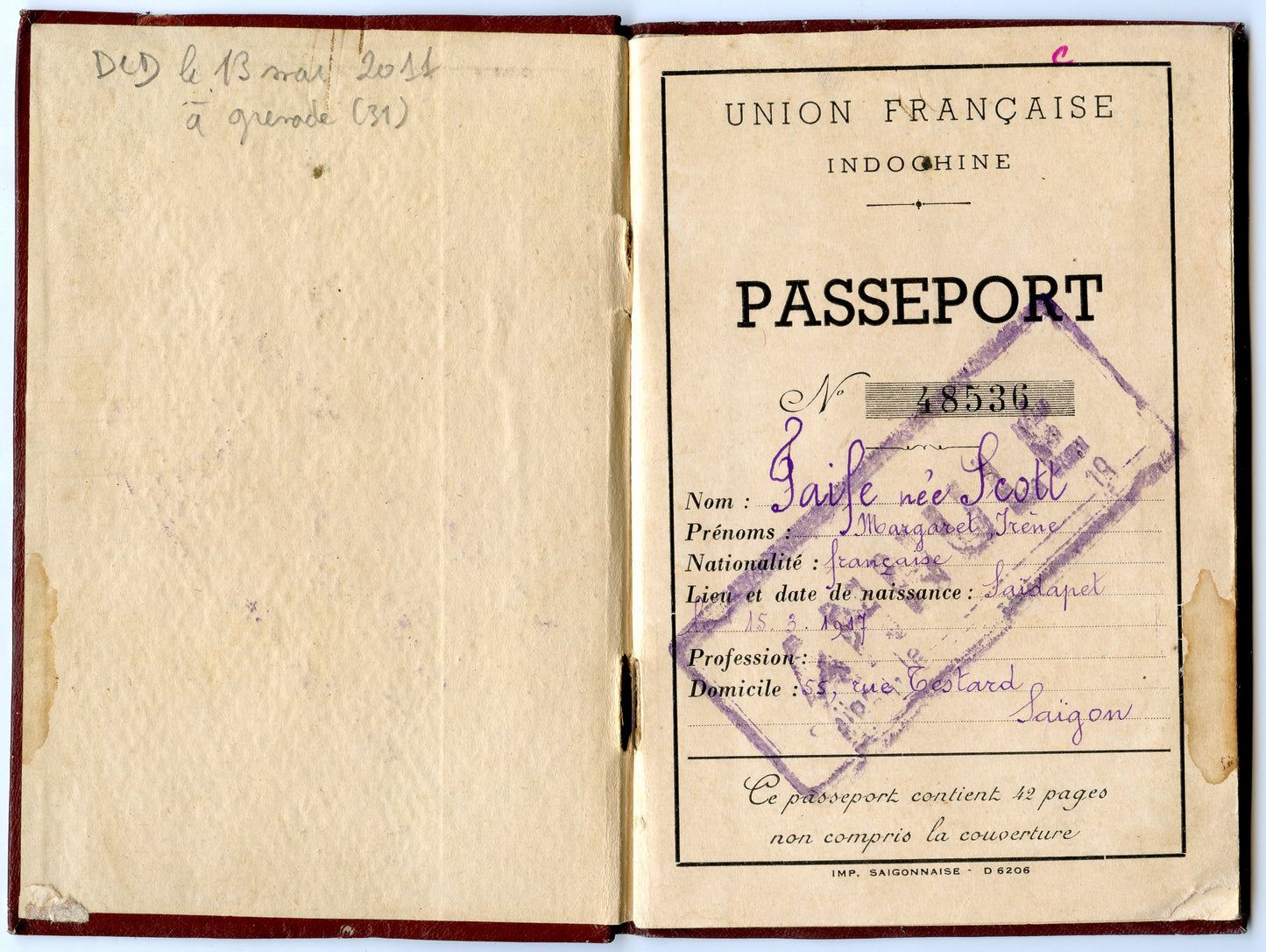 passeport de l'union Française Indochine pour une femme 1950