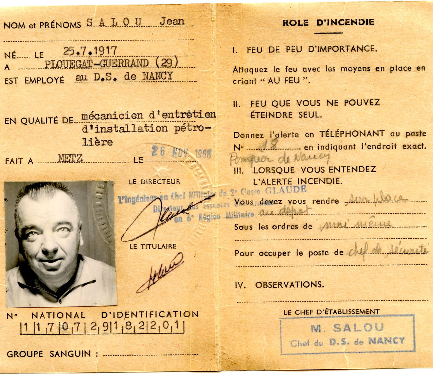 carte d'identité du service des essences et carte du combattant du même homme