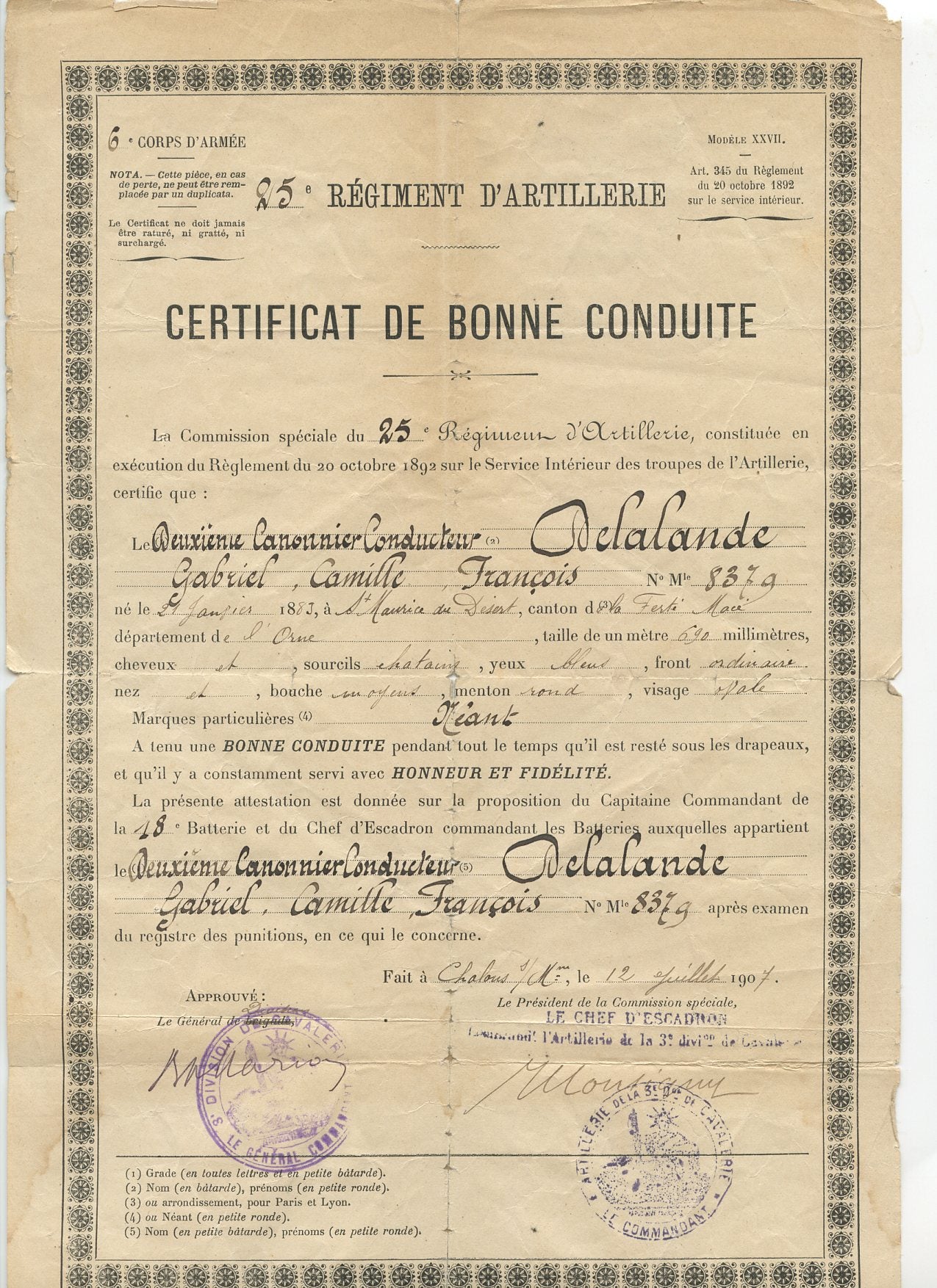certificat de bonne conduite d'un artilleur du 25°RA Chalons en Champagne décédé en 1910