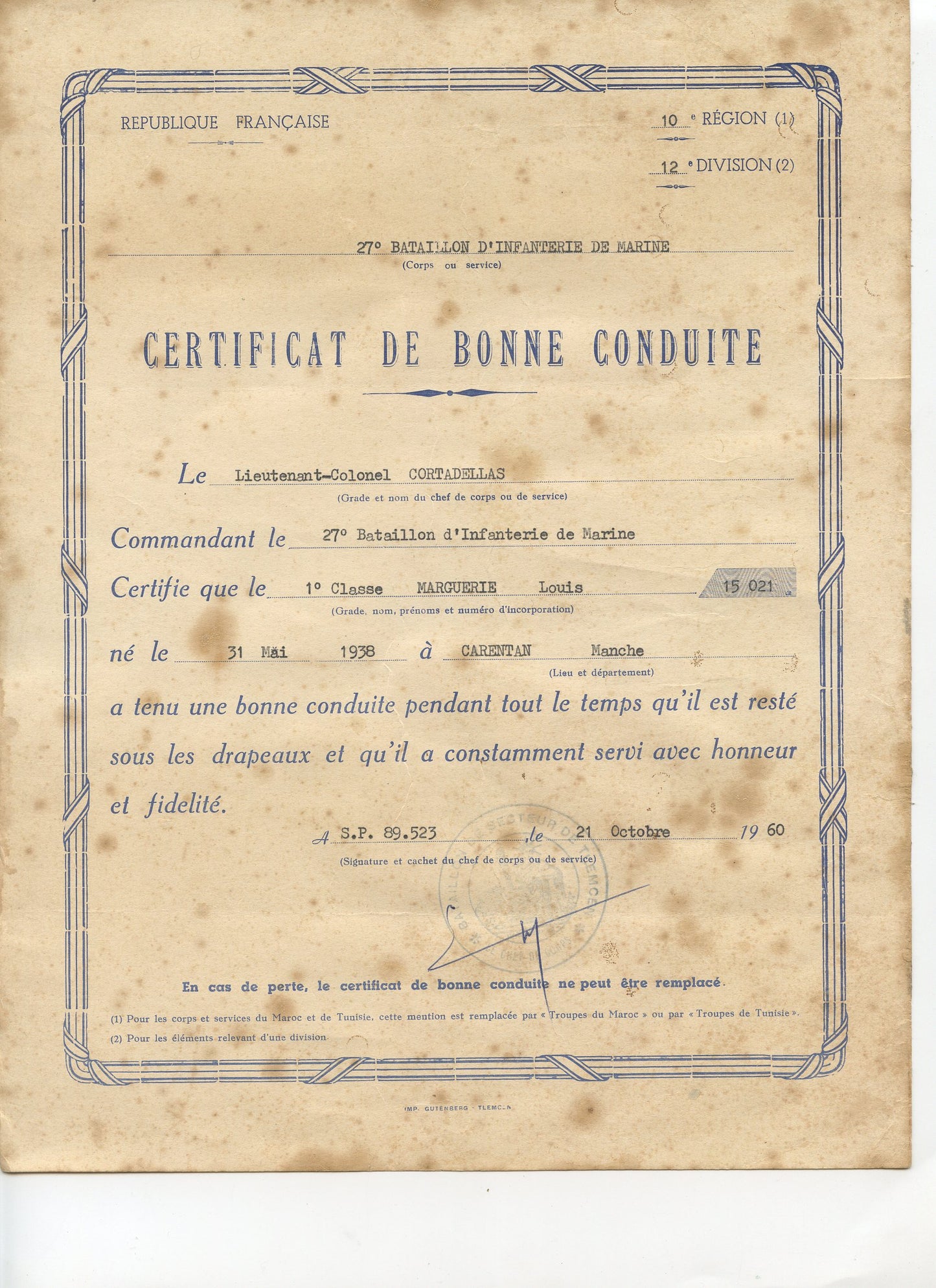 certificat de bonne conduite et photo d'un marsouin du 27°BIMa Algérie