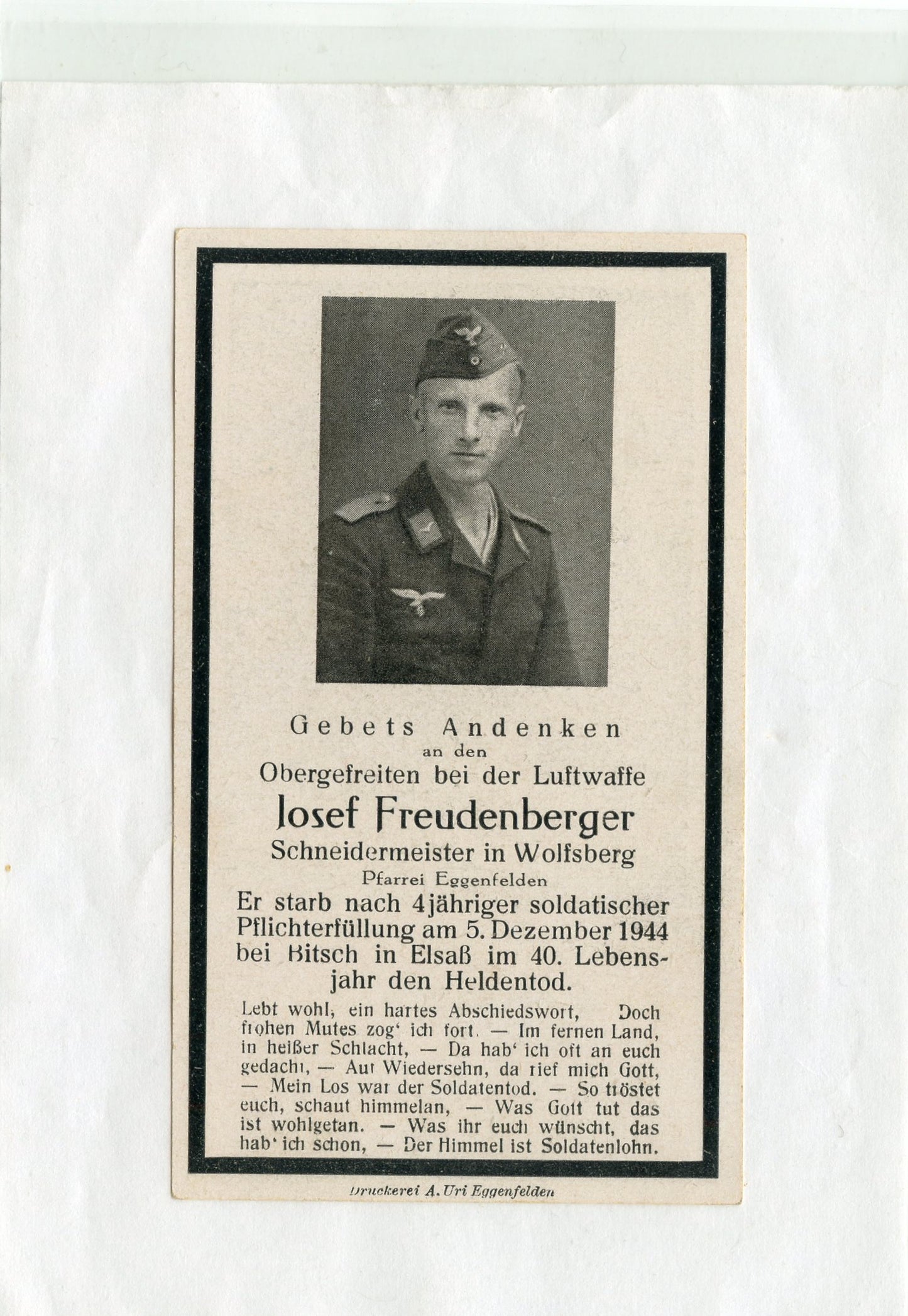 carte avis de décès d'un soldat allemand Luftwaffe tué en décembre 1944 à Bitche en Moselle