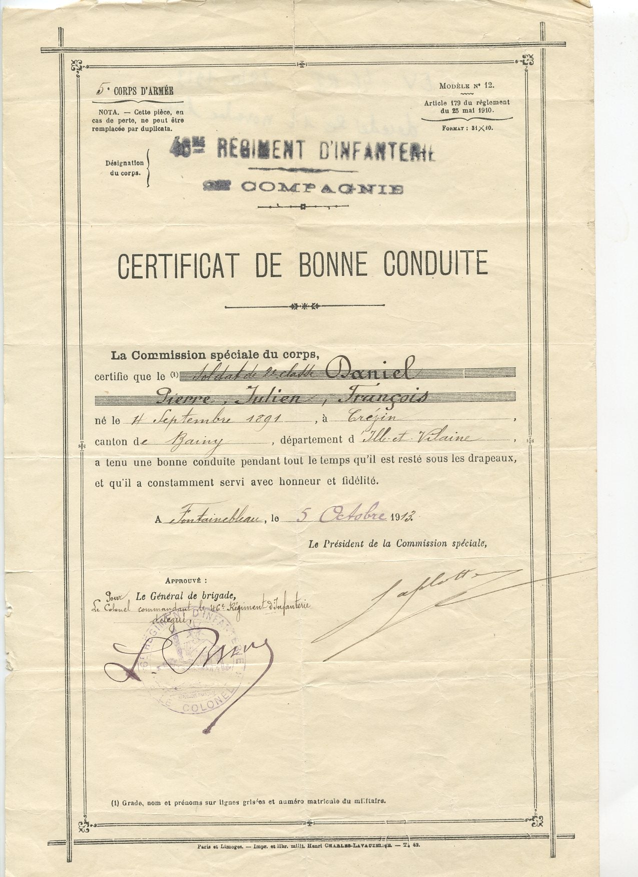 certificat de bonne conduite d'un breton du 46°RI Fontainebleau décédé en novembre 1914