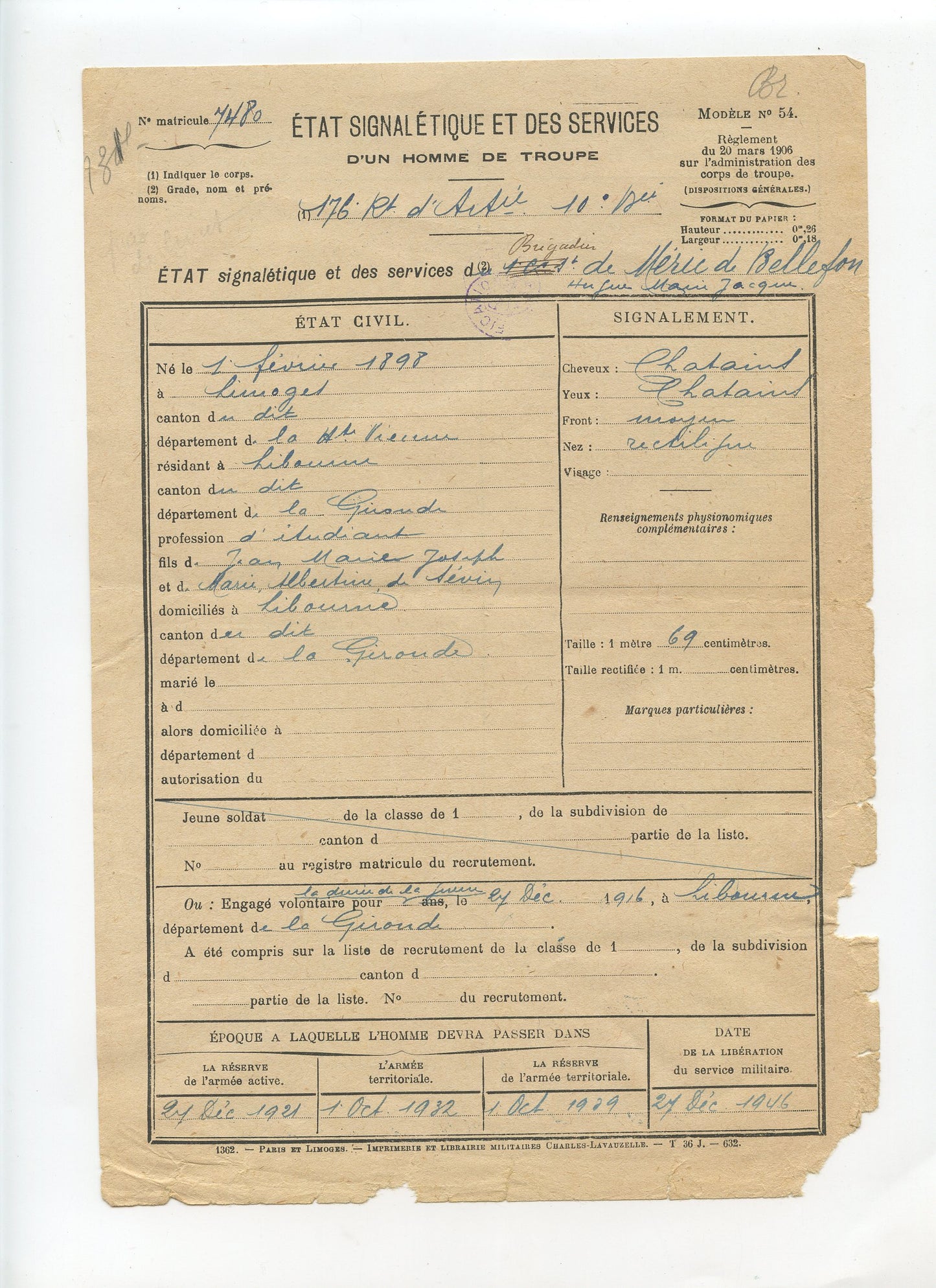 Etats de services artilleur du 176°RA, artillerie de tranchées 1914-18