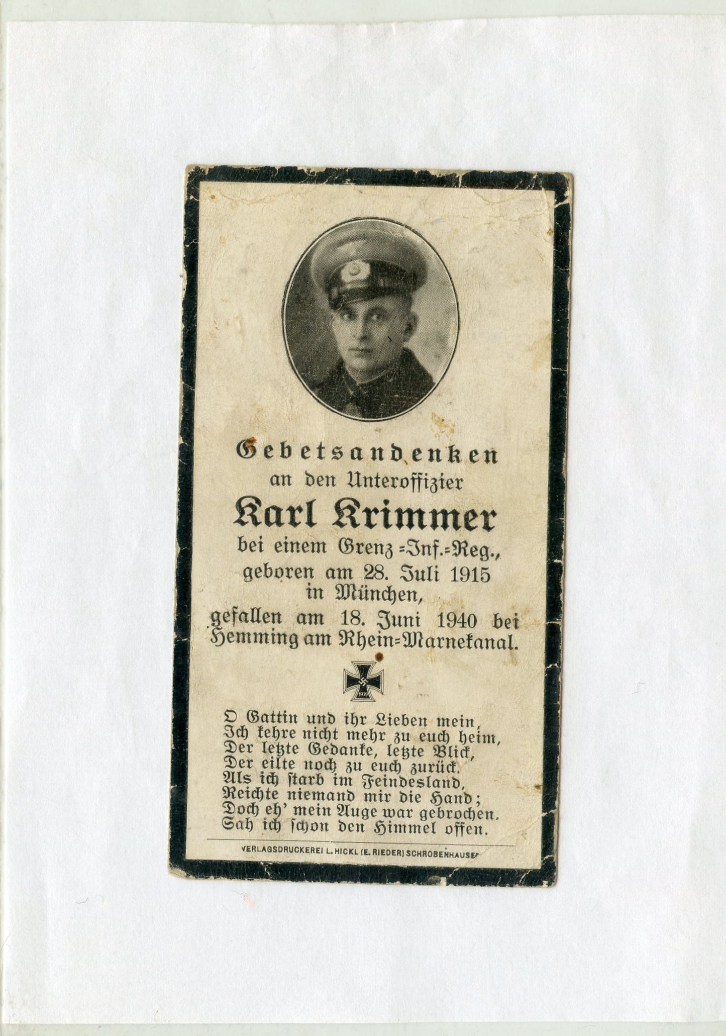 carte avis de décès d'un soldat allemand tué le 18 juin 1940 en Moselle