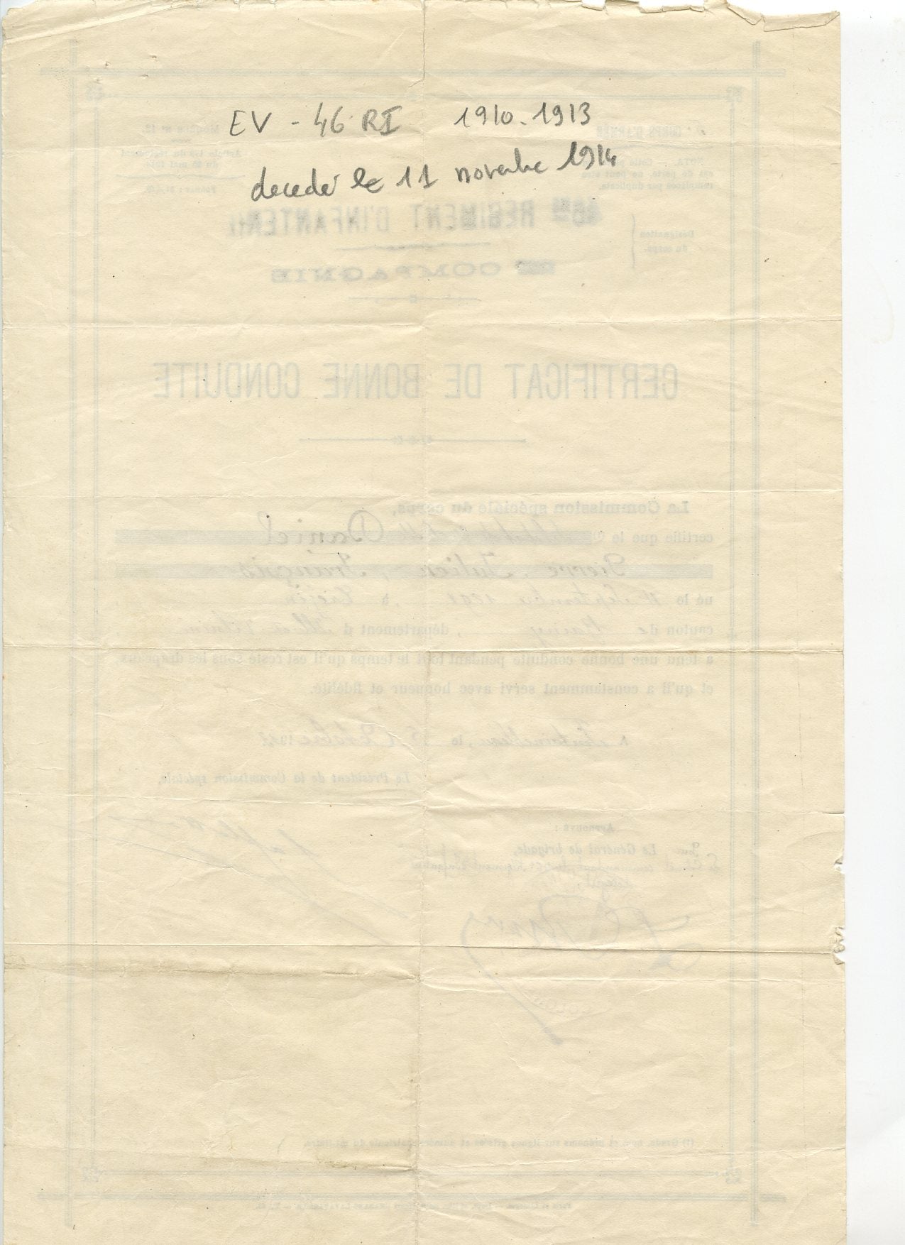 certificat de bonne conduite d'un breton du 46°RI Fontainebleau décédé en novembre 1914