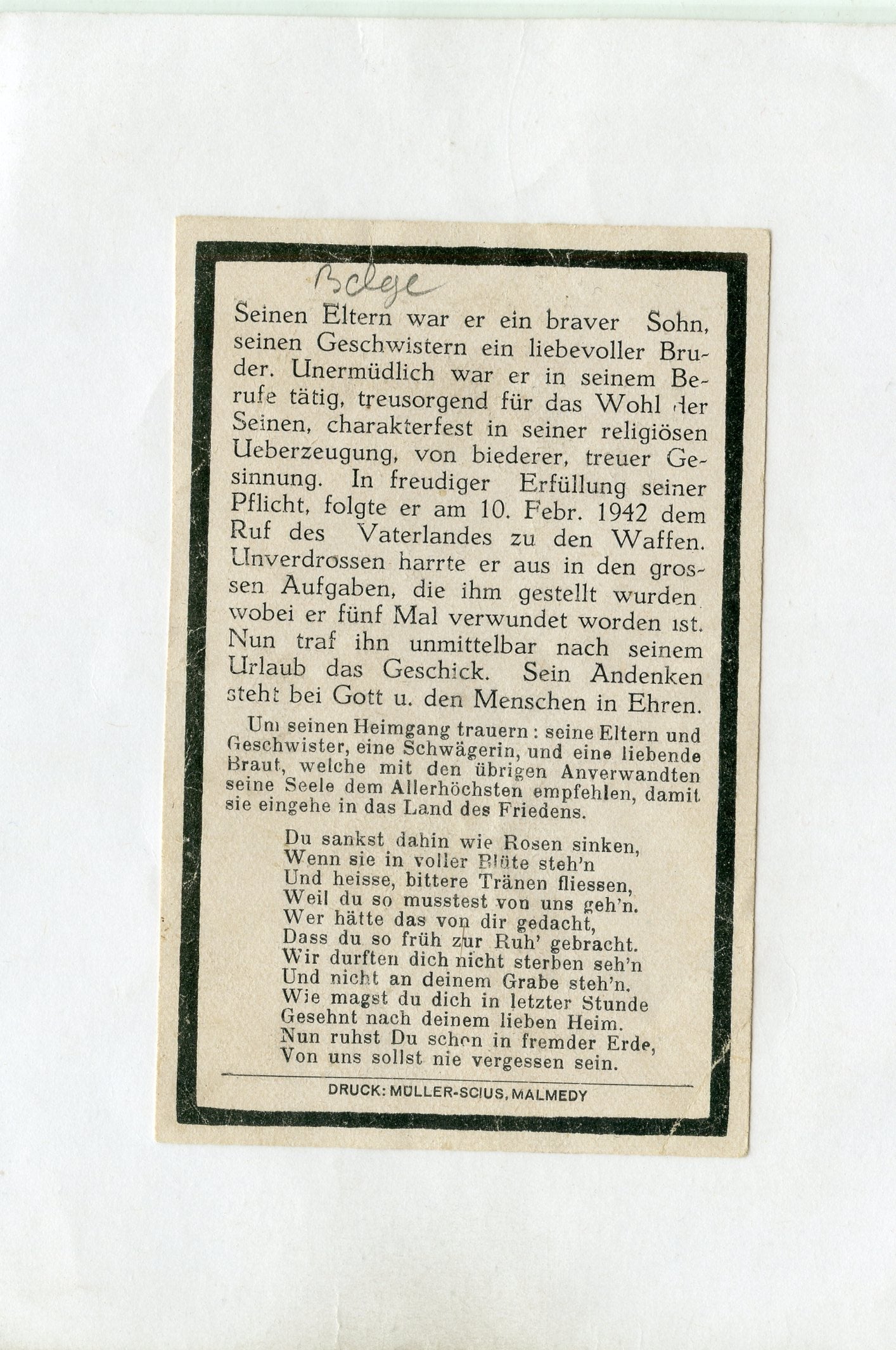 carte avis de décès d'un belge de Malmedy dans l'armée allemande tué en 1944, croix de fer