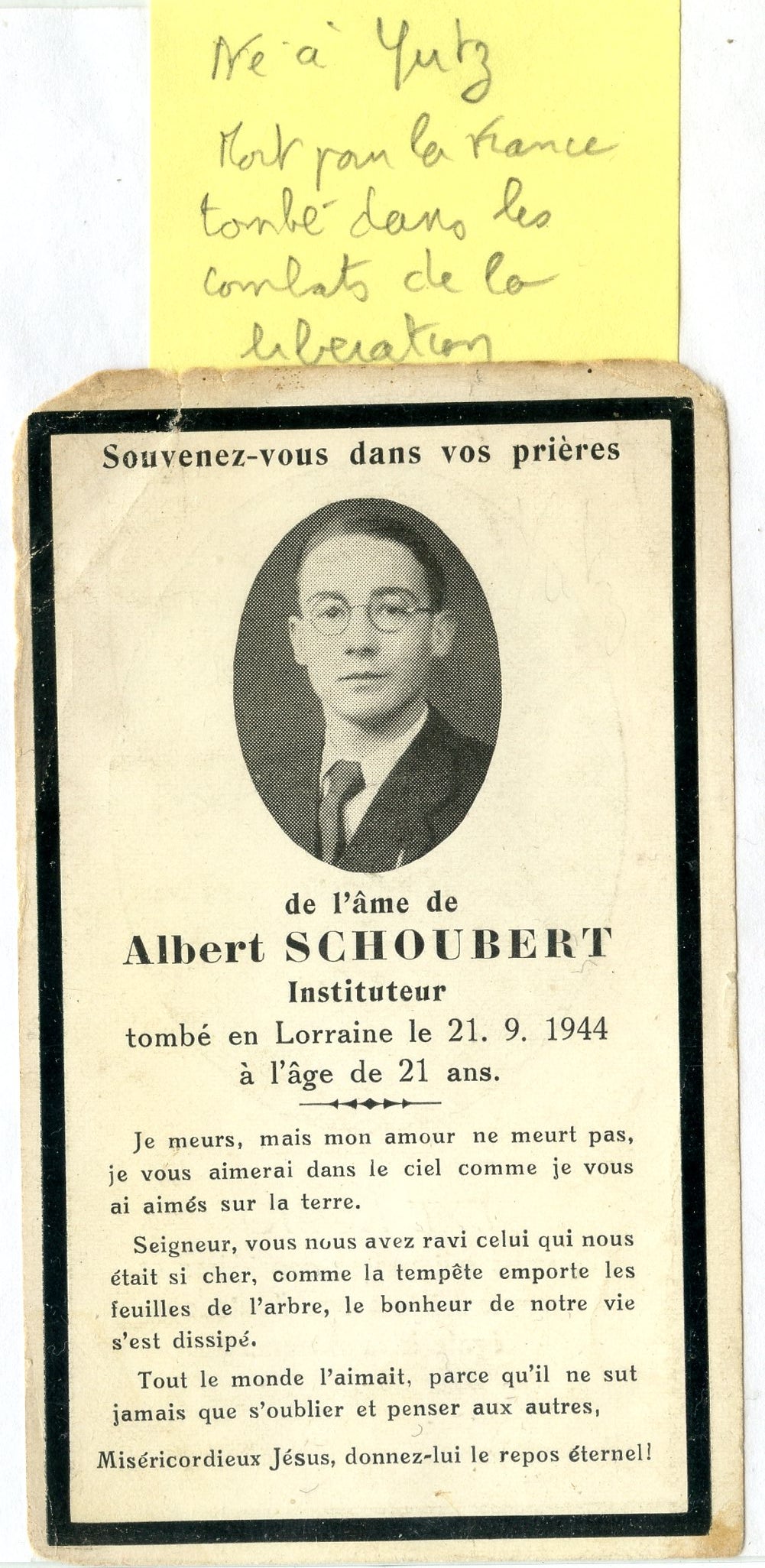 carte avis de décès d'un mosellan de Yutz décédé dans les combats de la libération en septembre 1944