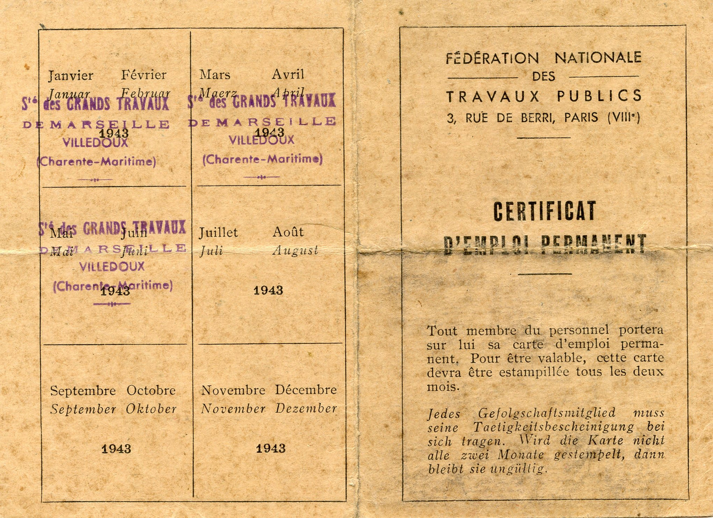 carte d'emploi permanent travaux publics état français 1943 Etat français