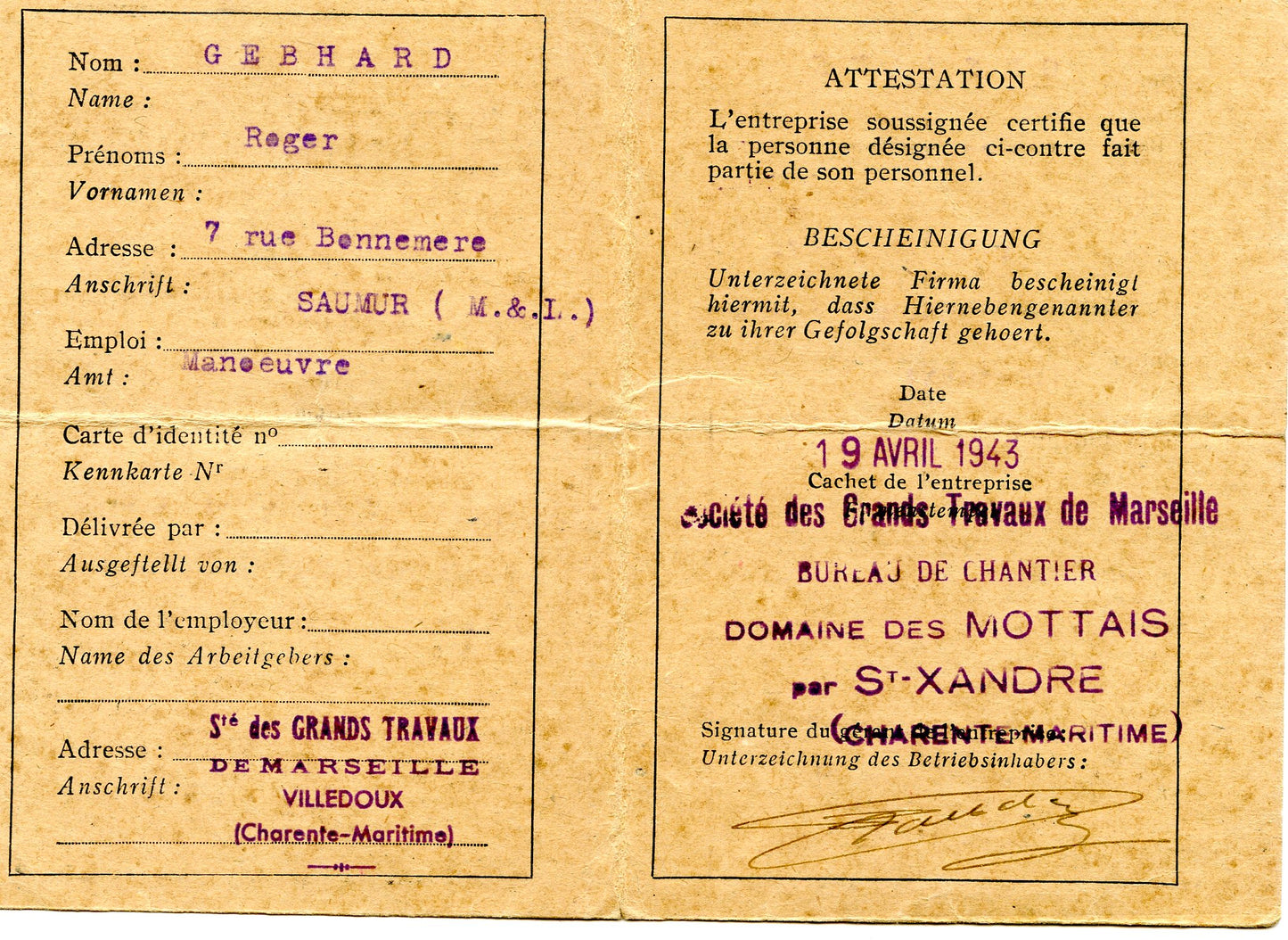 carte d'emploi permanent travaux publics état français 1943 Etat français
