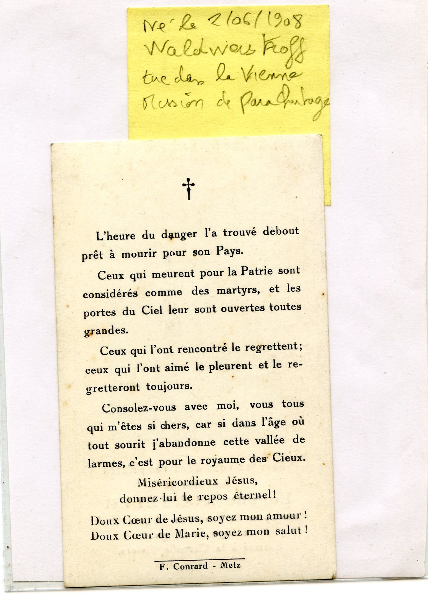 carte avis de décès d'un mosellan résistant tué en 1944 dans la Vienne lors d'un parachutage