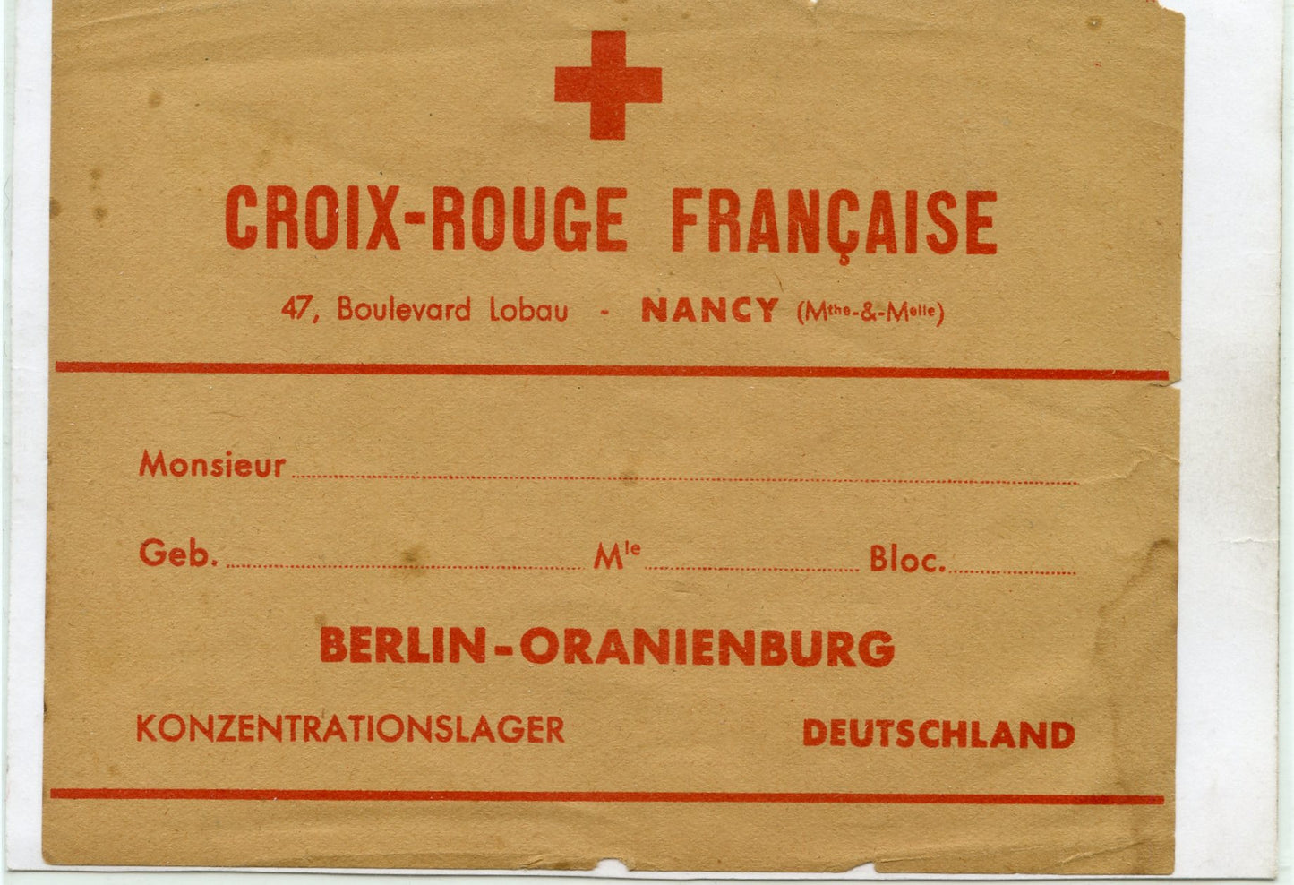 étiquette de colis pour un camp de concentration départ de Nancy 1940-1944, croix rouge