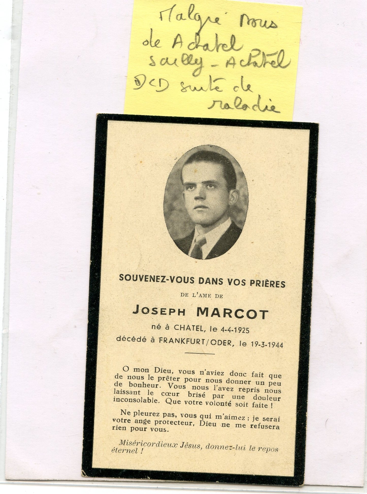 carte avis de décès d'un malgré nous de Achatel Moselle décédé en 1944