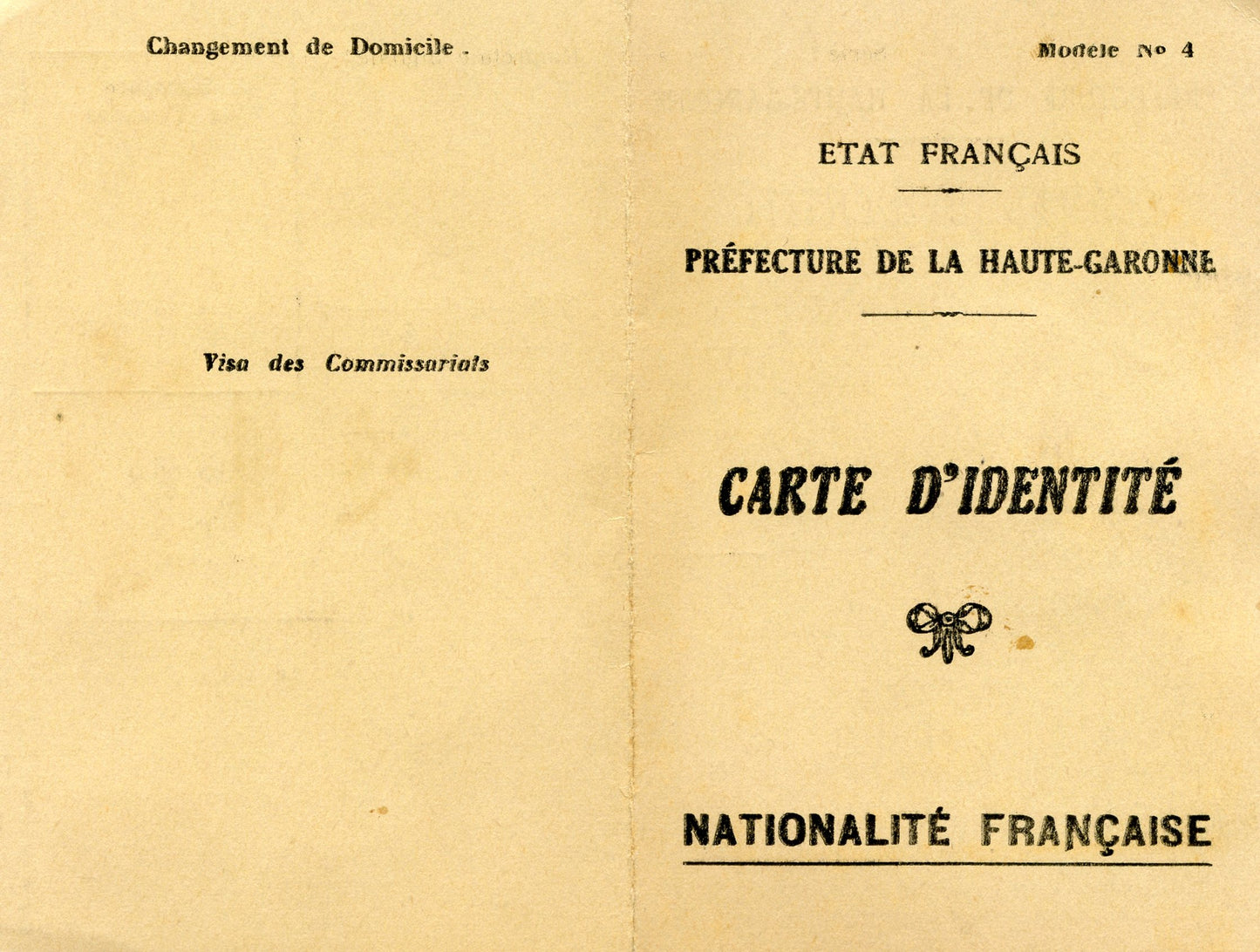 carte d'identité Etat Français préfecture de Haute Garonne 1941