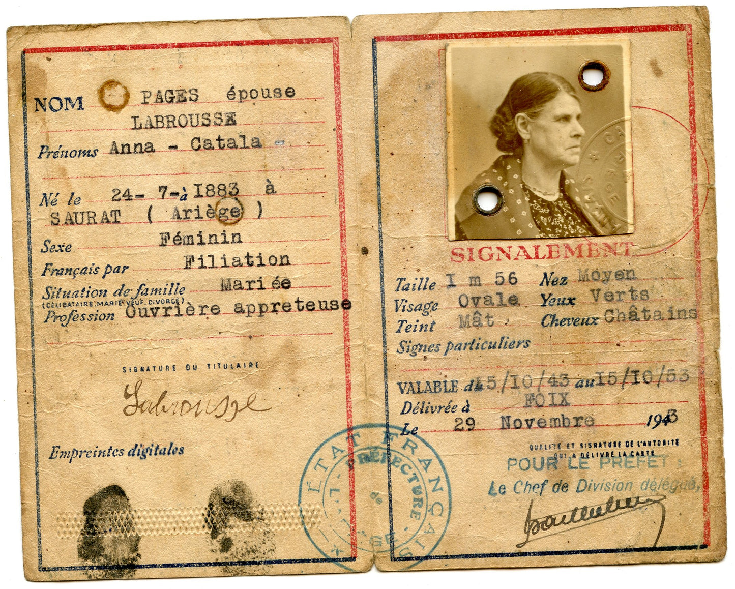 carte d'identité Etat Français préfecture de l'Ariège 1943