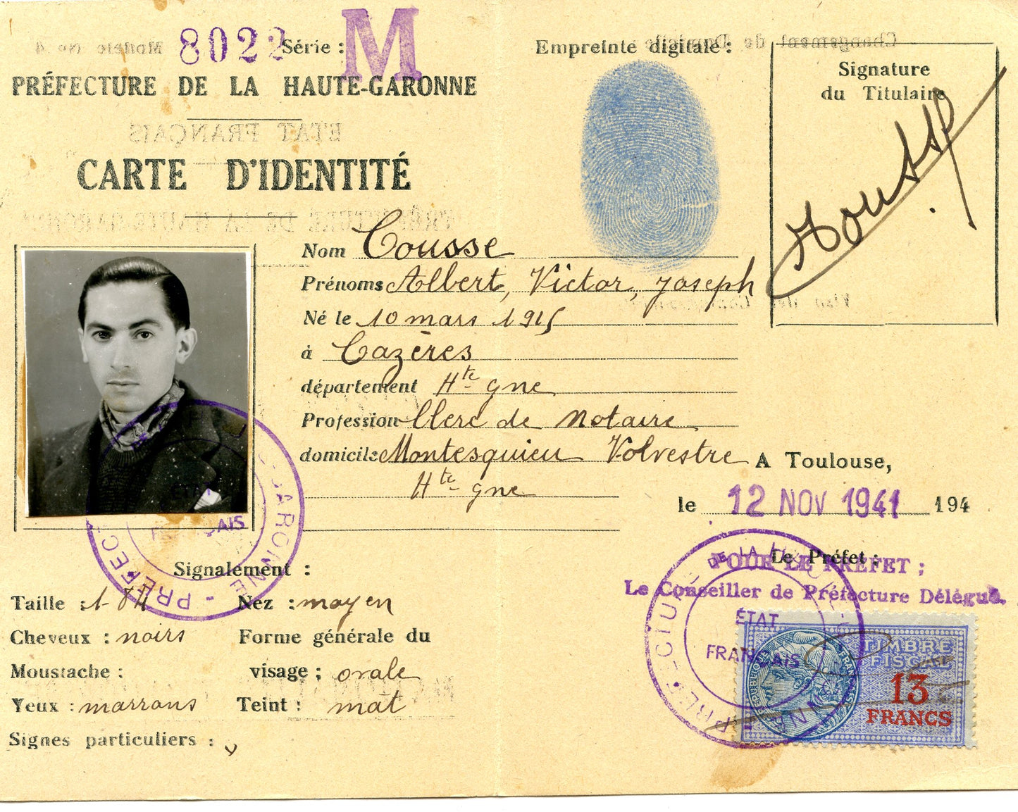 carte d'identité Etat Français préfecture de Haute Garonne 1941
