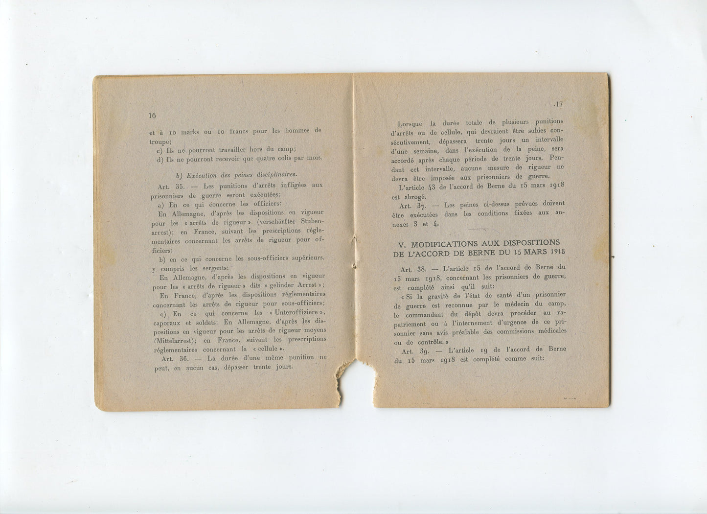 fascicule les accords de Berne concernant les prisonniers de guerre allemands et français en Suisse 1914-1918