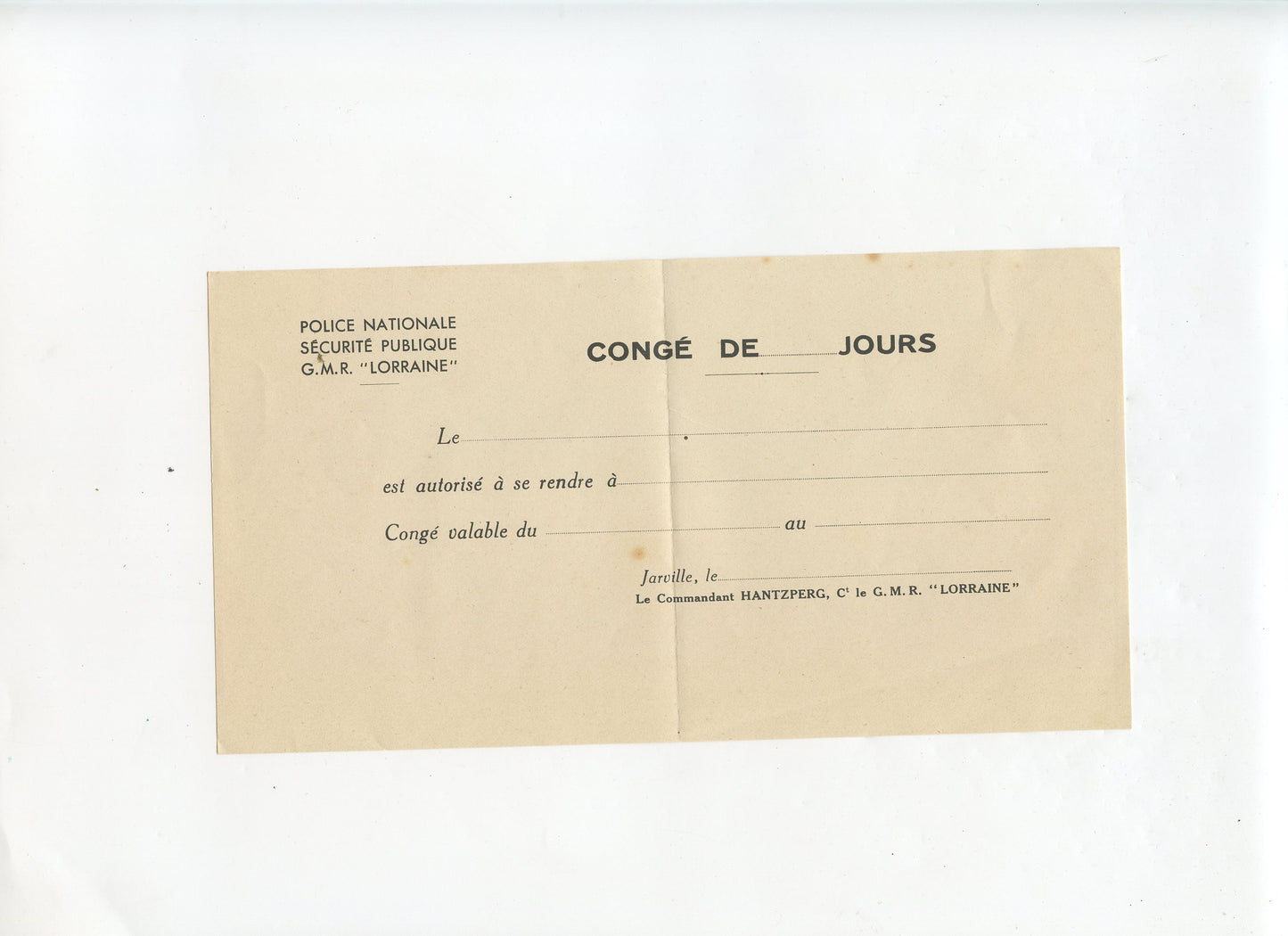 formulaire de congé vierge GMR Lorraine, police de Vichy, 1940-44