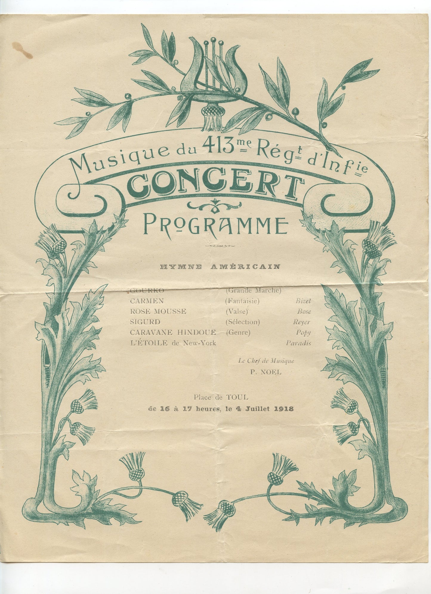 programme d'un concert du 413°RI à Toul 1914-1918