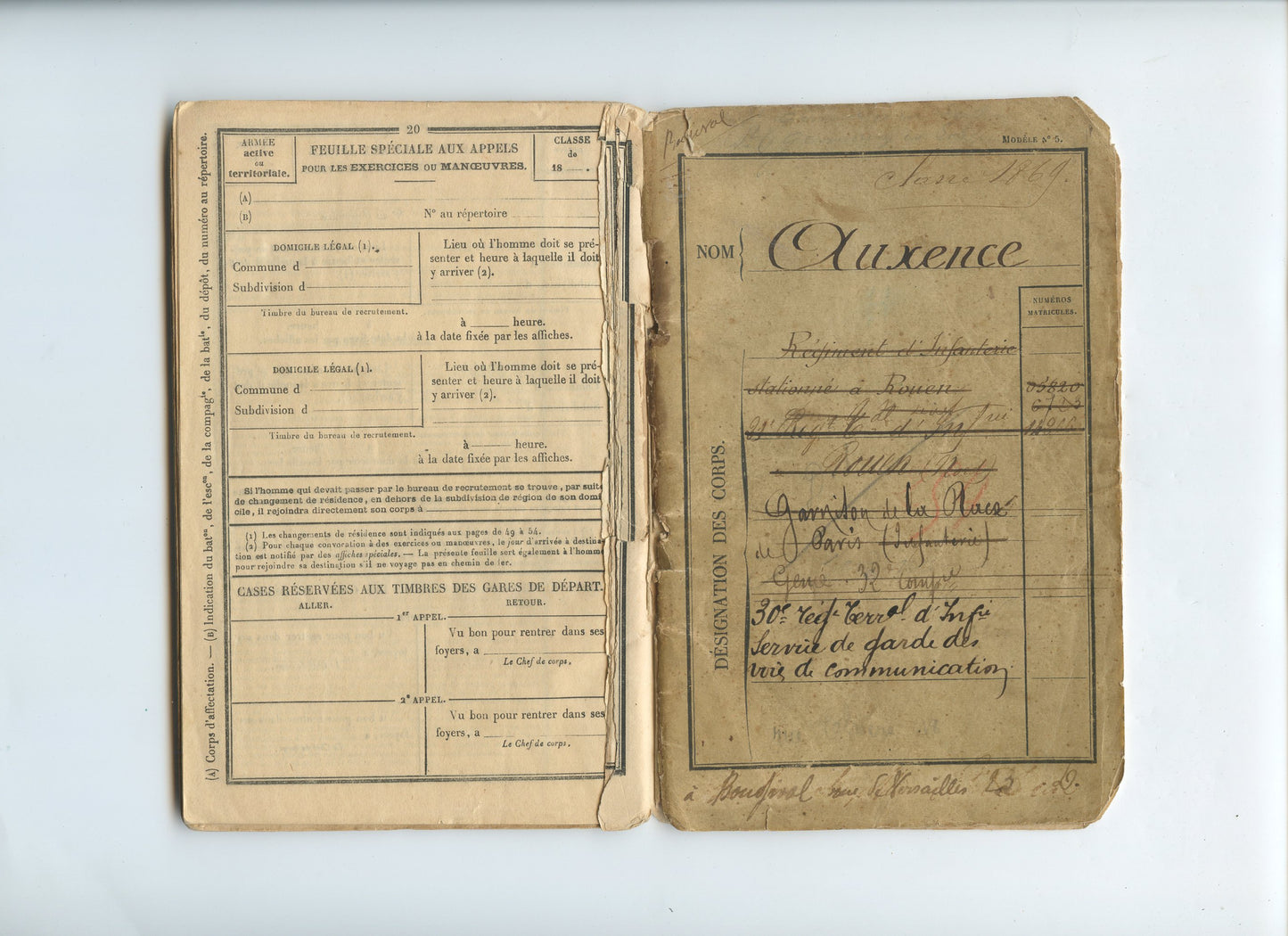 livret militaire d'un soldat de la garde mobile de seine et Oise campagne de 1870-71 manque dos de couverture