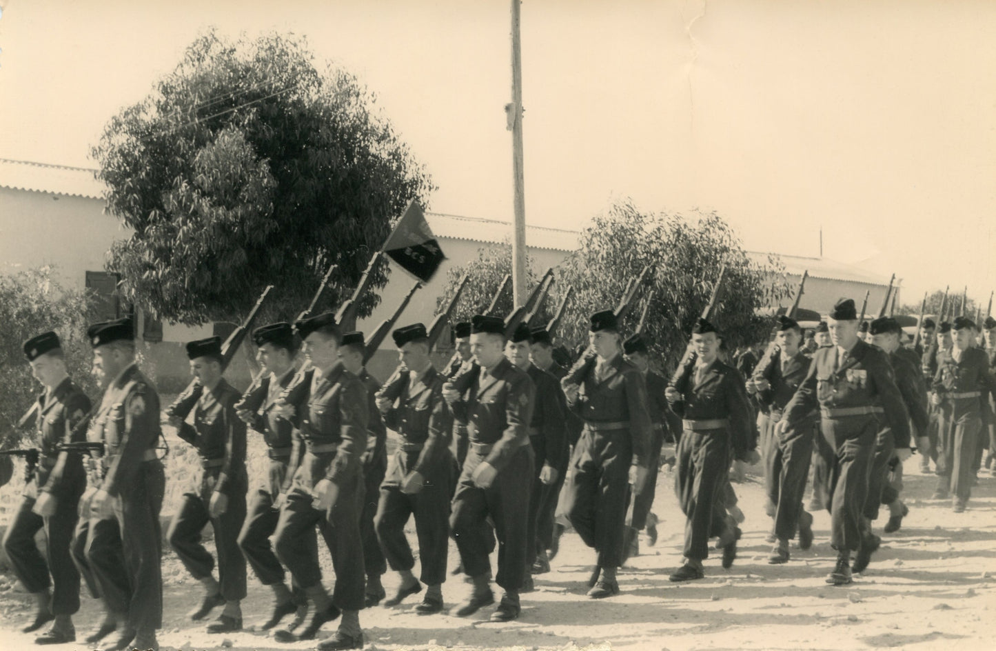 2 grandes photos prise d'armes en Algérie artillerie antiaérienne avec fanion 18x12 cm
