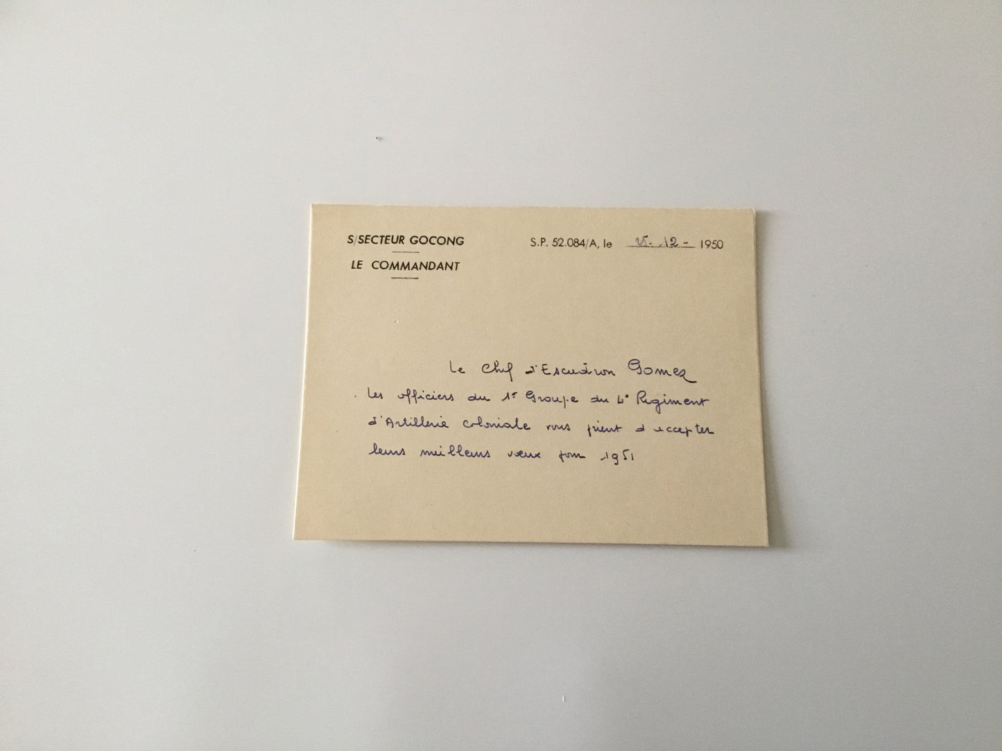 Indochine : carte de voeux commandant du sous secteur de Gocong