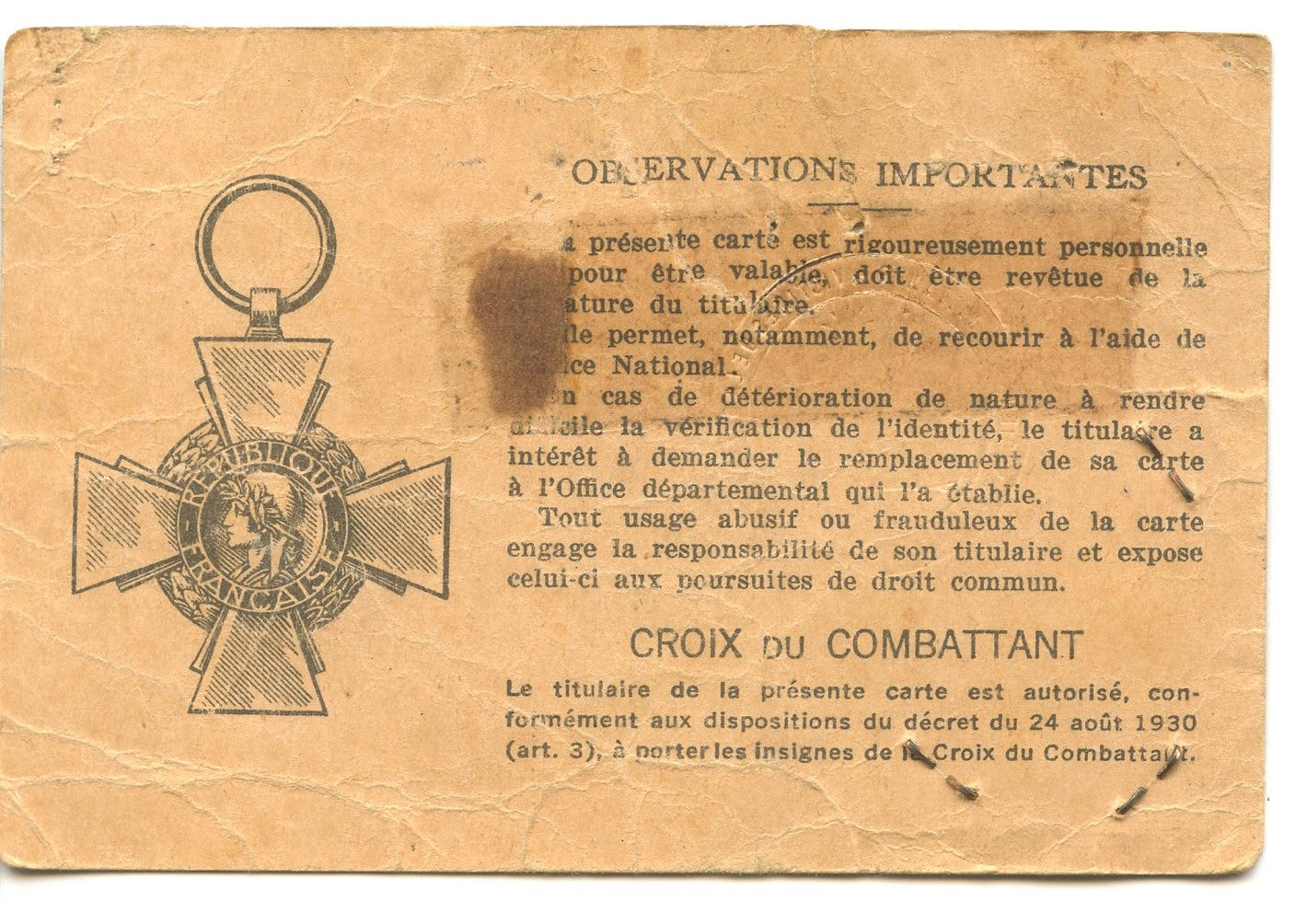 carte du combattant pour un marocain né en 1898, certainement ancien combattant 14-18