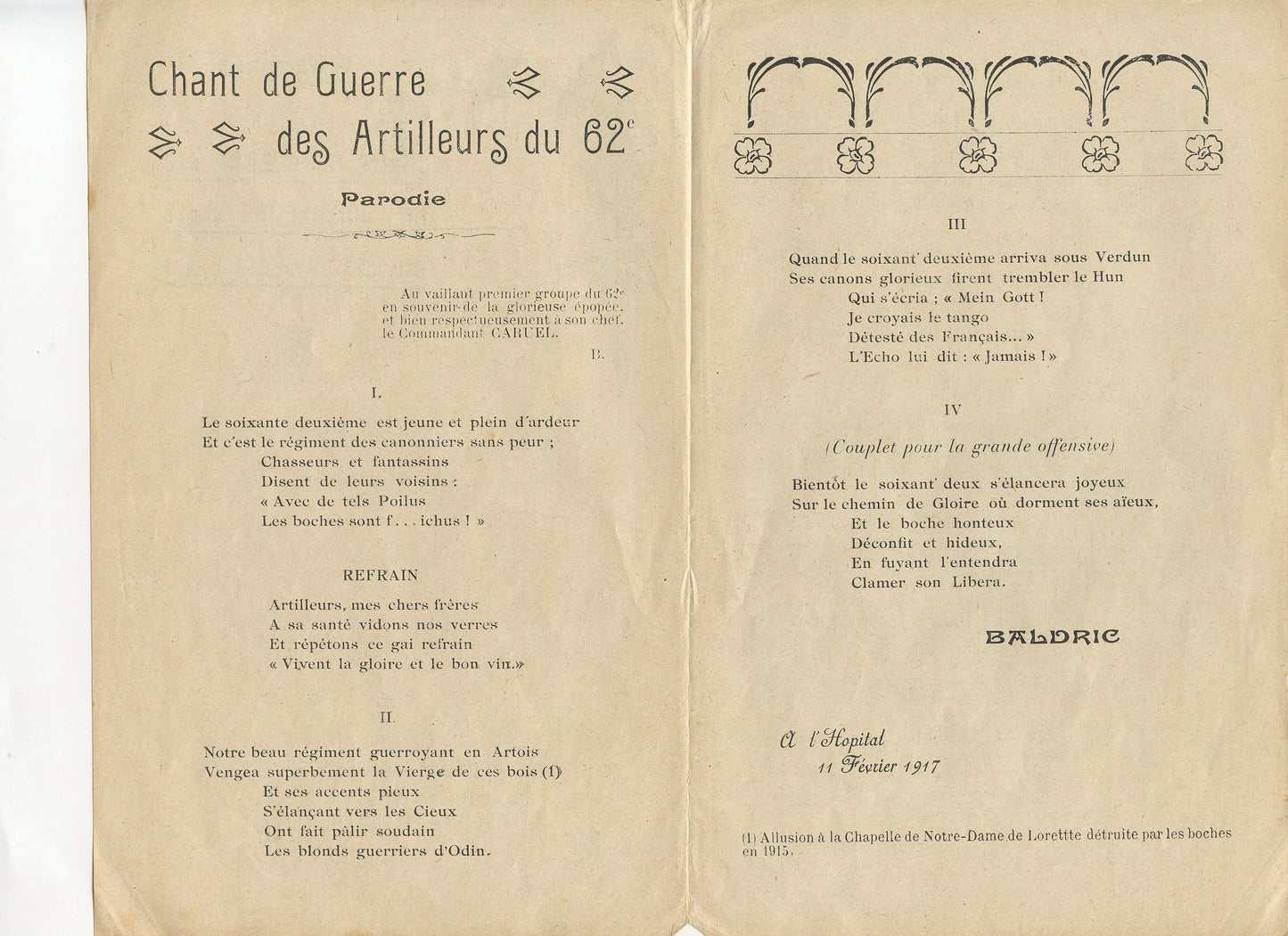 1914-1918 : chant de guerre des artilleurs du 62°RA 1917
