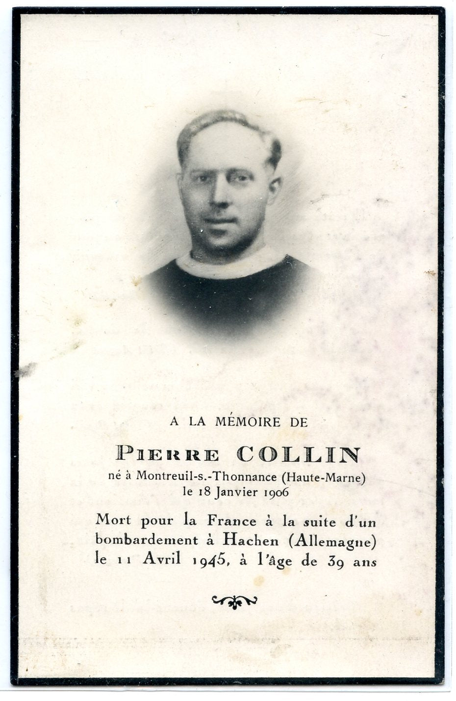 1939-1945 : carte avis de décès d'un soldat du 242°RI prisonnier de guerre mort en 1945 en Allemagne