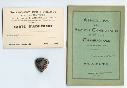 ensemble carte insigne et fascicule des anciens combattants de Champagnole Jura 14-18