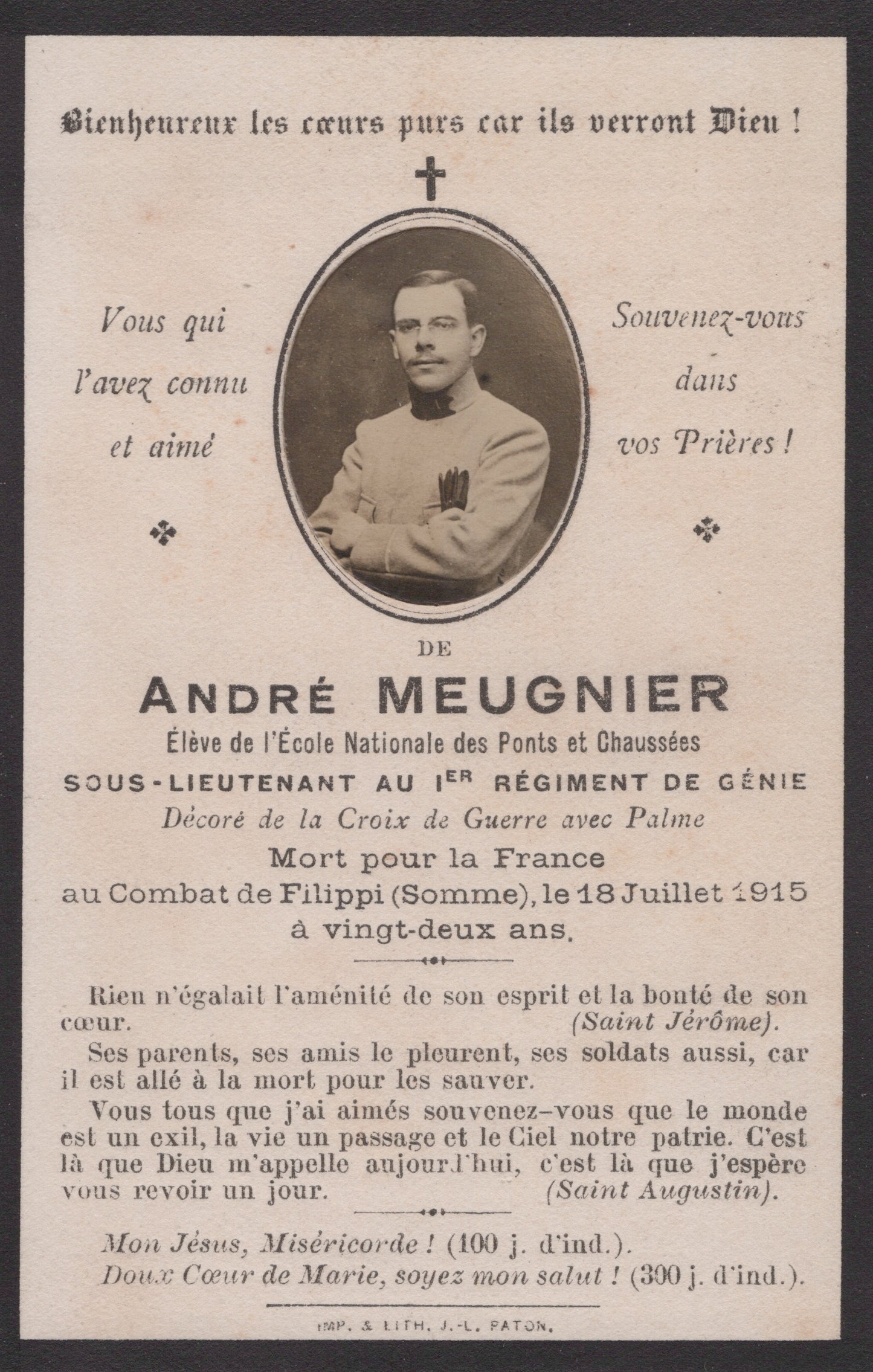 carte avis de décès sous lieutenant au 1° Génie tué dans la Somme en 1915