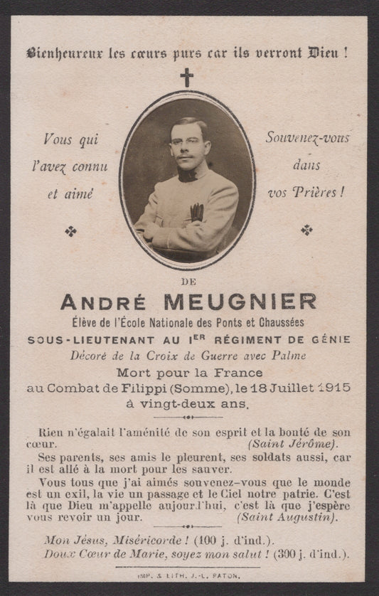 carte avis de décès sous lieutenant au 1° Génie tué dans la Somme en 1915