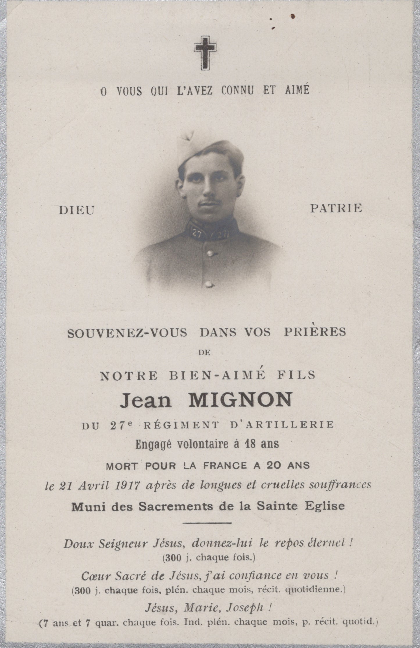 carte avis de décès artilleur du 27°RA, engagé volontaire, mort en avril 1917