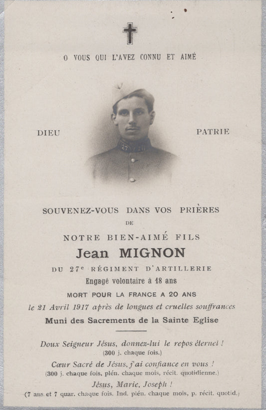 carte avis de décès artilleur du 27°RA, engagé volontaire, mort en avril 1917