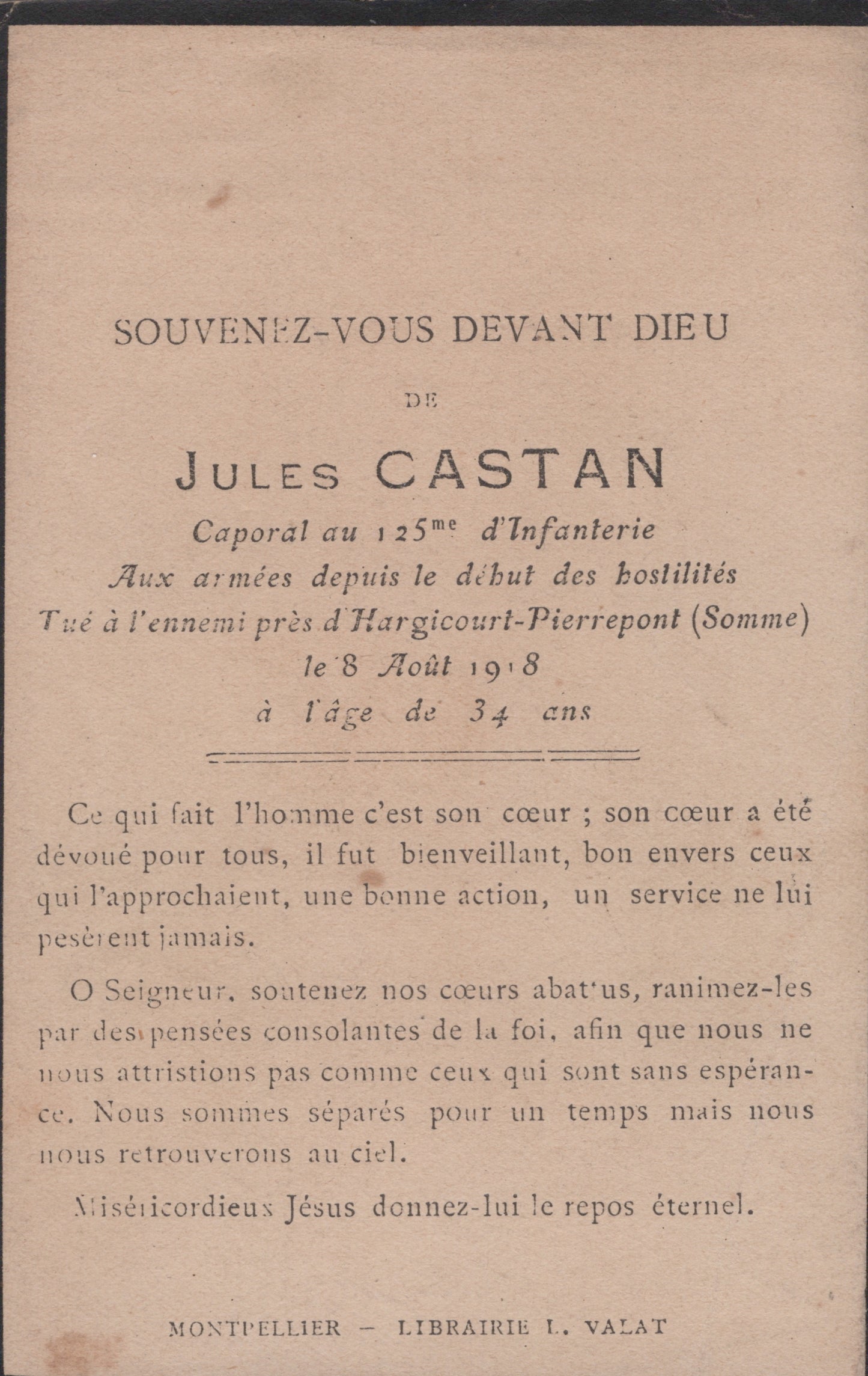carte avis de décès soldat du 125°RI tué sur la Somme en aout 18, originaire de l'Hérault