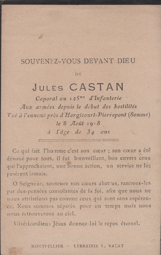 carte avis de décès soldat du 125°RI tué sur la Somme en aout 18, originaire de l'Hérault