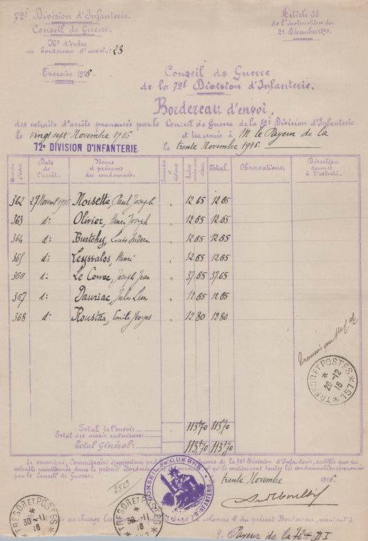 bordereau du conseil de guerre 72°DI Verdun novembre 1916