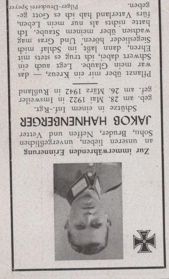 carte avis de décès soldat allemand d'infanterie originaire d'Imsweiler tombé en Russie en 1942