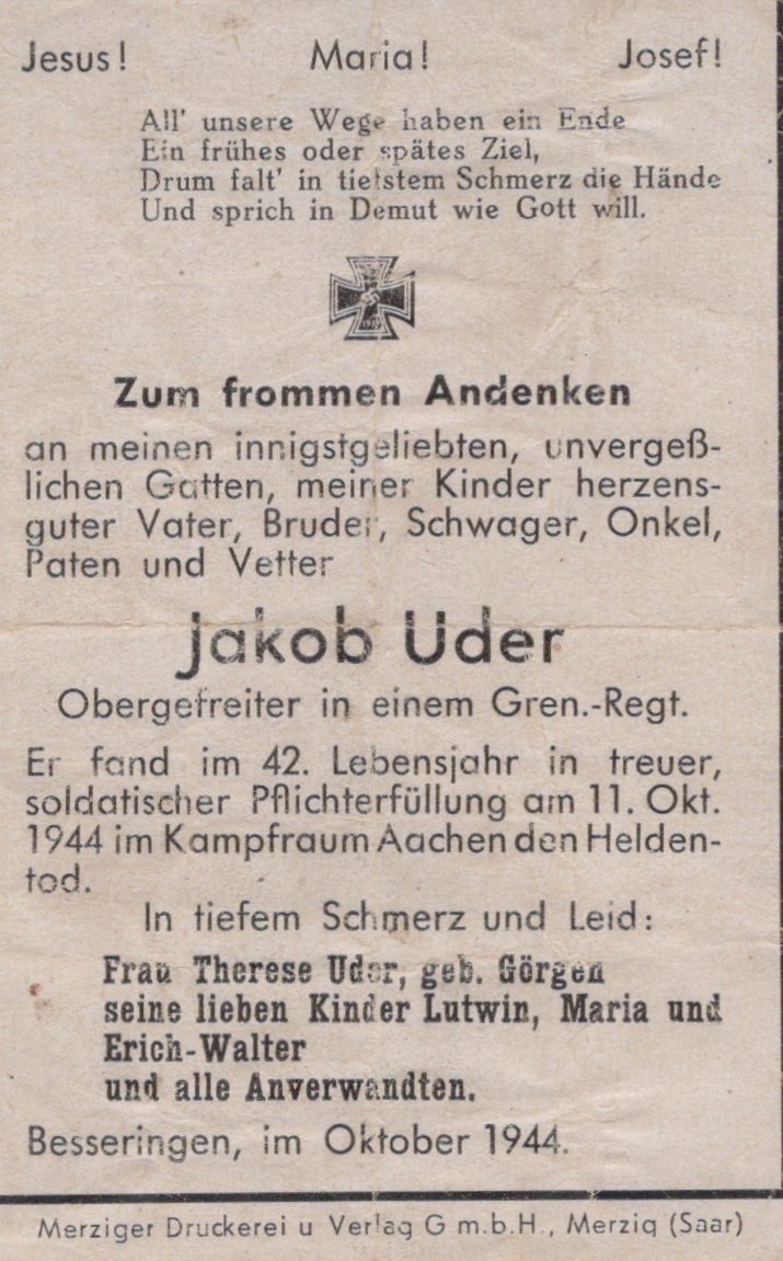 carte avis de décès soldat allemand d'infanterie originaire de Sarre tombé en Russie en 1944