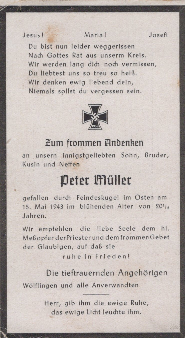 carte avis de décès soldat allemand d'infanterie originaire de la Sarre tombé en 1943 en Russie