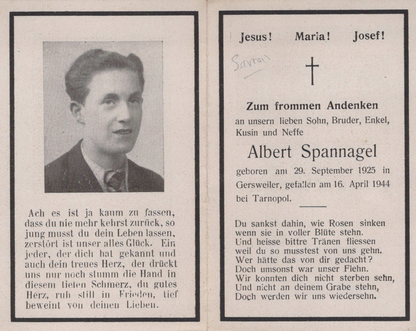 carte avis de décès soldat allemand originaire de la Sarre tombé en 1944 a Tarnopol