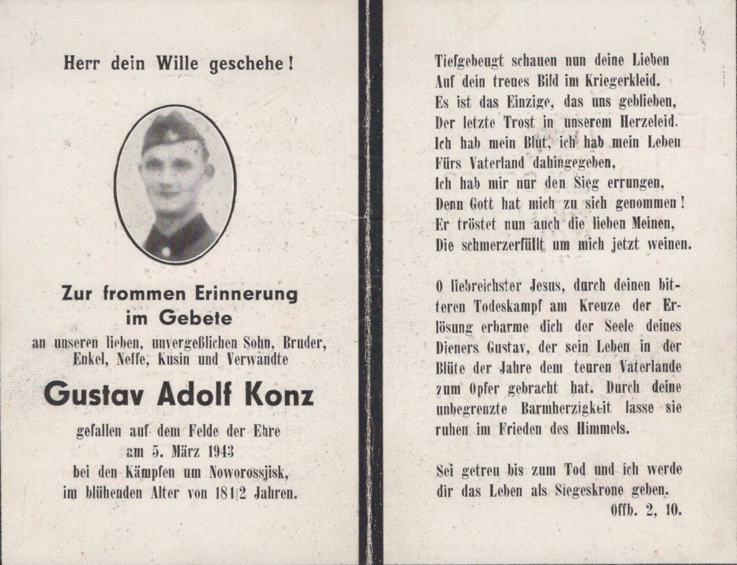 carte avis de décès soldat allemand  tombé en 1943 en Russie