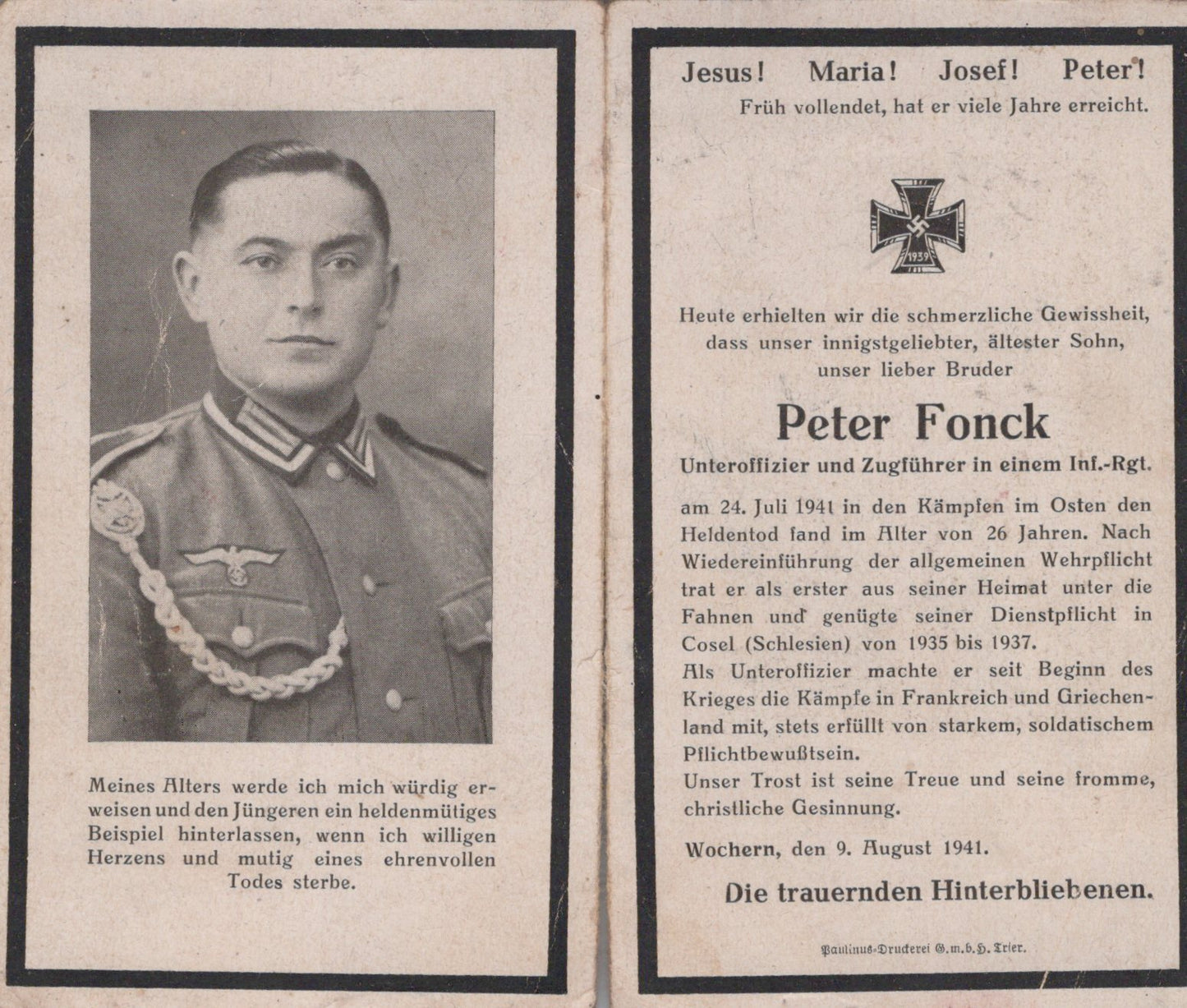 carte avis de décès soldat allemand d'infanterie originaire de la Sarre tombé en 1941 Russie