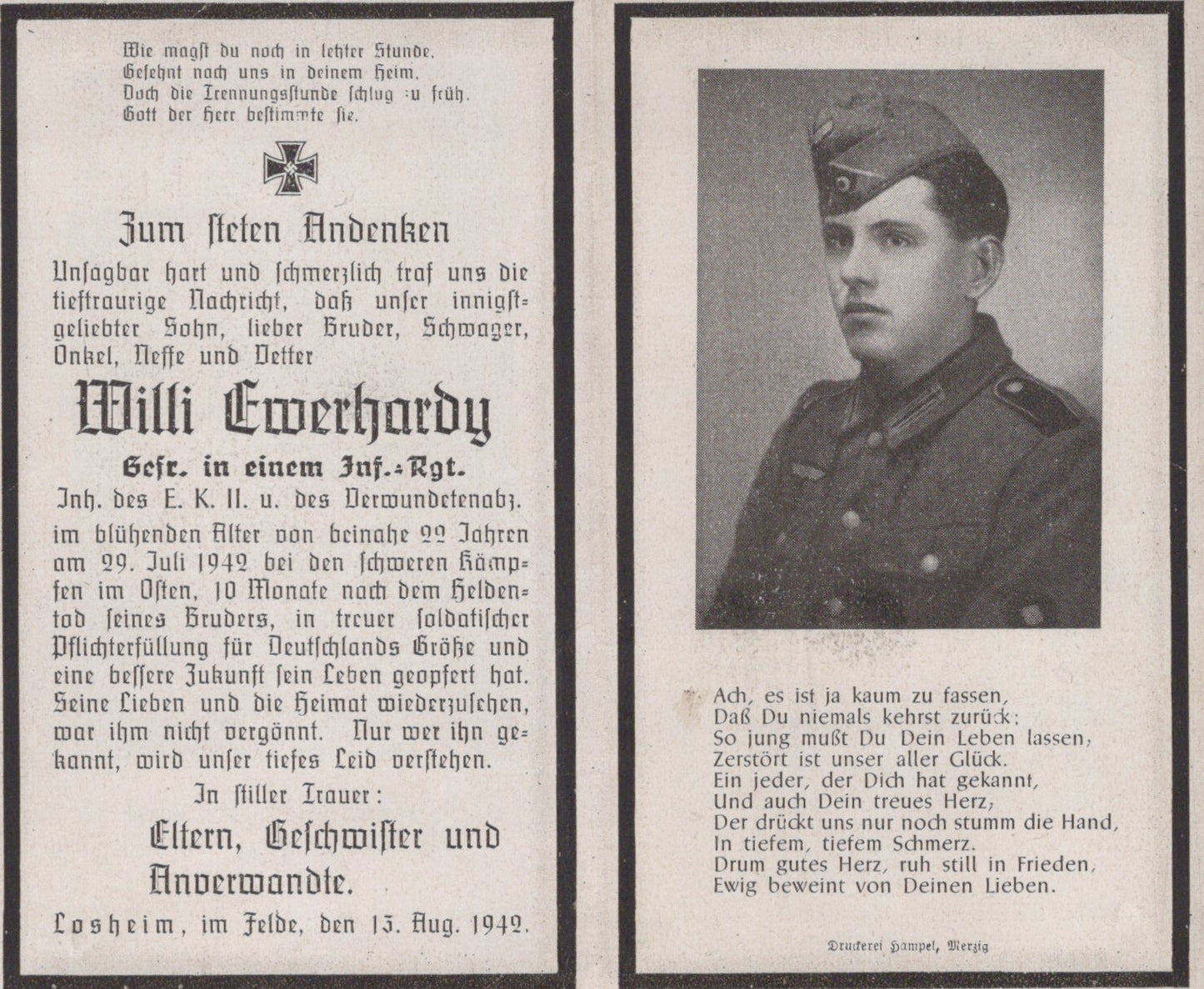 carte avis de décès soldat allemand d'infanterie originaire de Losheim tombé en 1942 Russie décoré croix de fer
