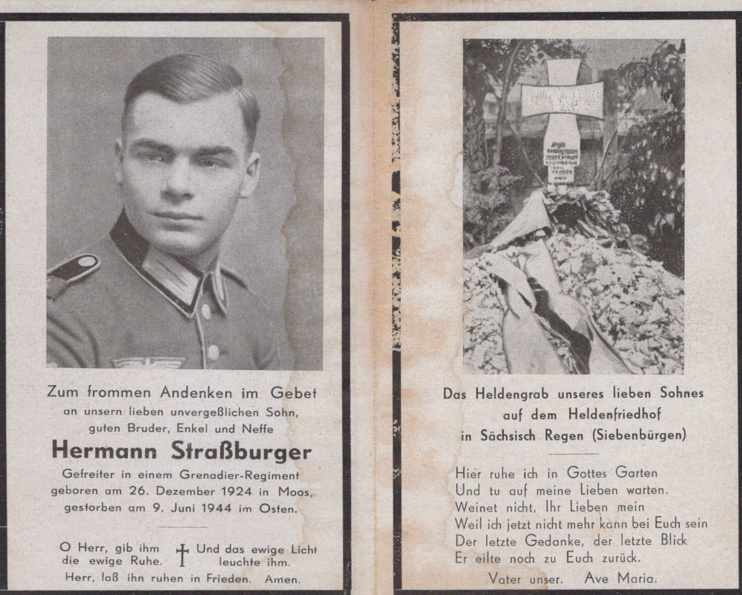 carte avis de décès soldat allemand d'infanterie originaire de Moos tombé en 1944 Russie
